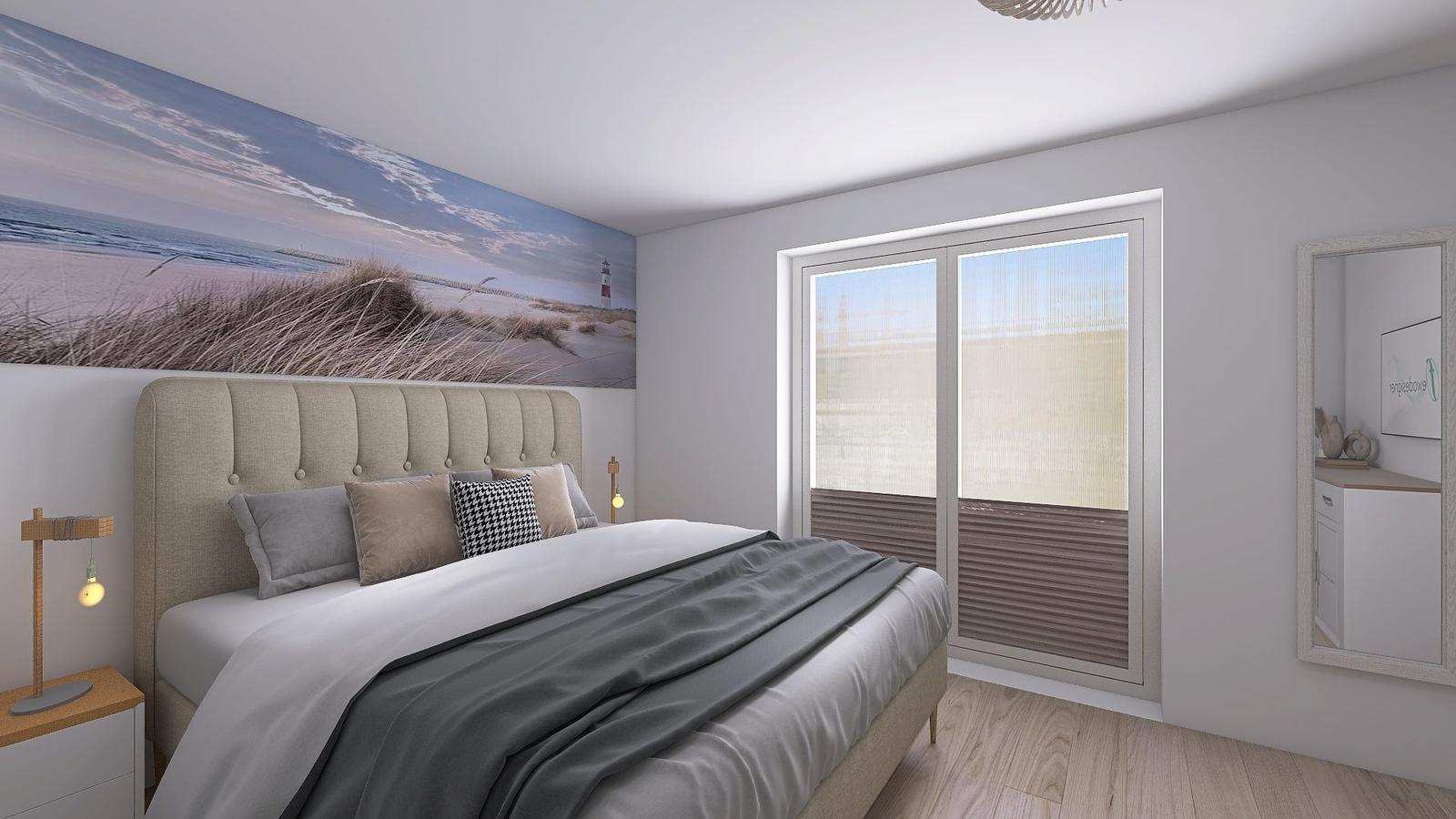 Schlafzimmer mit Bett, Wandbild und Fenster.