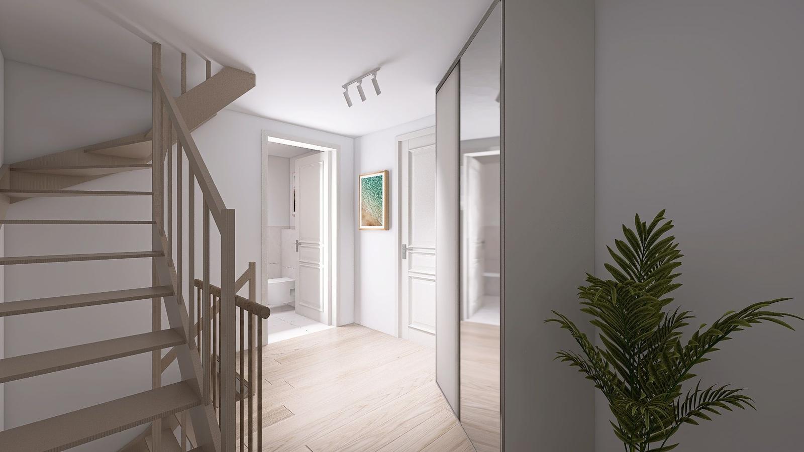 Eingangsbereich mit Holztreppe, Pflanze und Blick in Schlafzimmer und Bad.