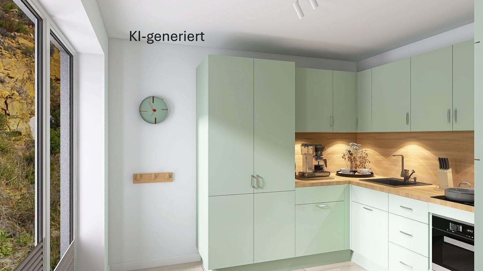 Küche mit hellgrünen Schränken, Holzoberfläche und Blick auf Felslandschaft.