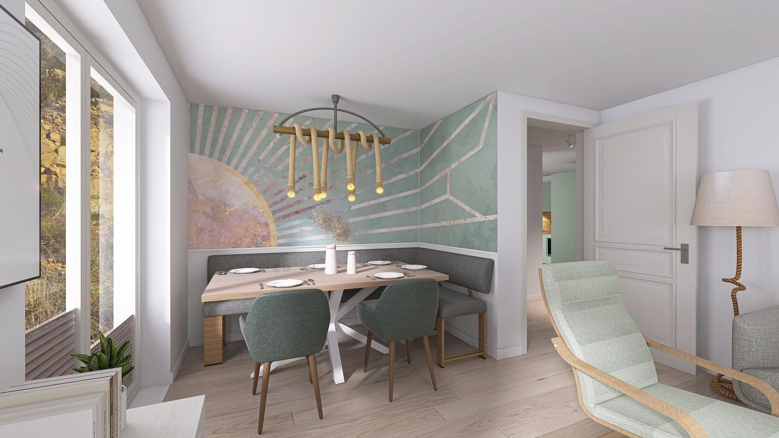 Essbereich mit Tisch, Stühlen und Wandbild. Durchgang zur Küche und Sitzgelegenheit.