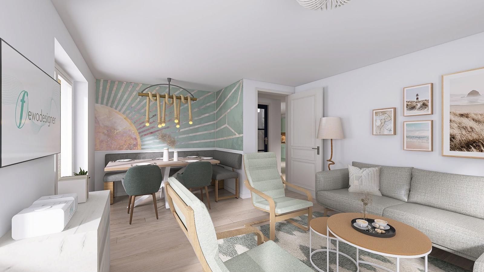 Wohn- und Essbereich mit Sofa, Stühlen und Wandbildern