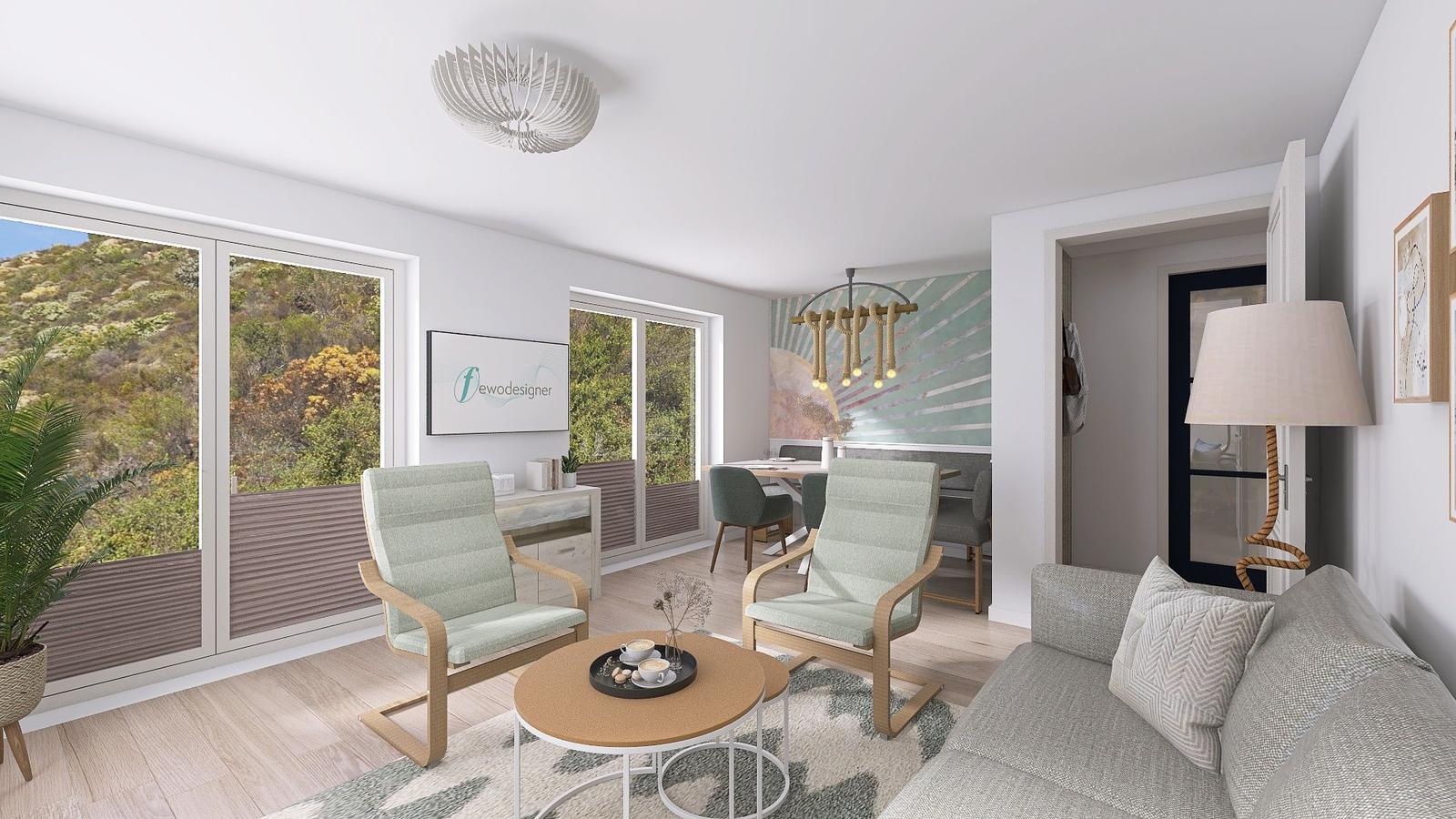 Wohnbereich mit Sofa, Sesseln und Tisch. Große Fenster mit Blick auf Hügel.