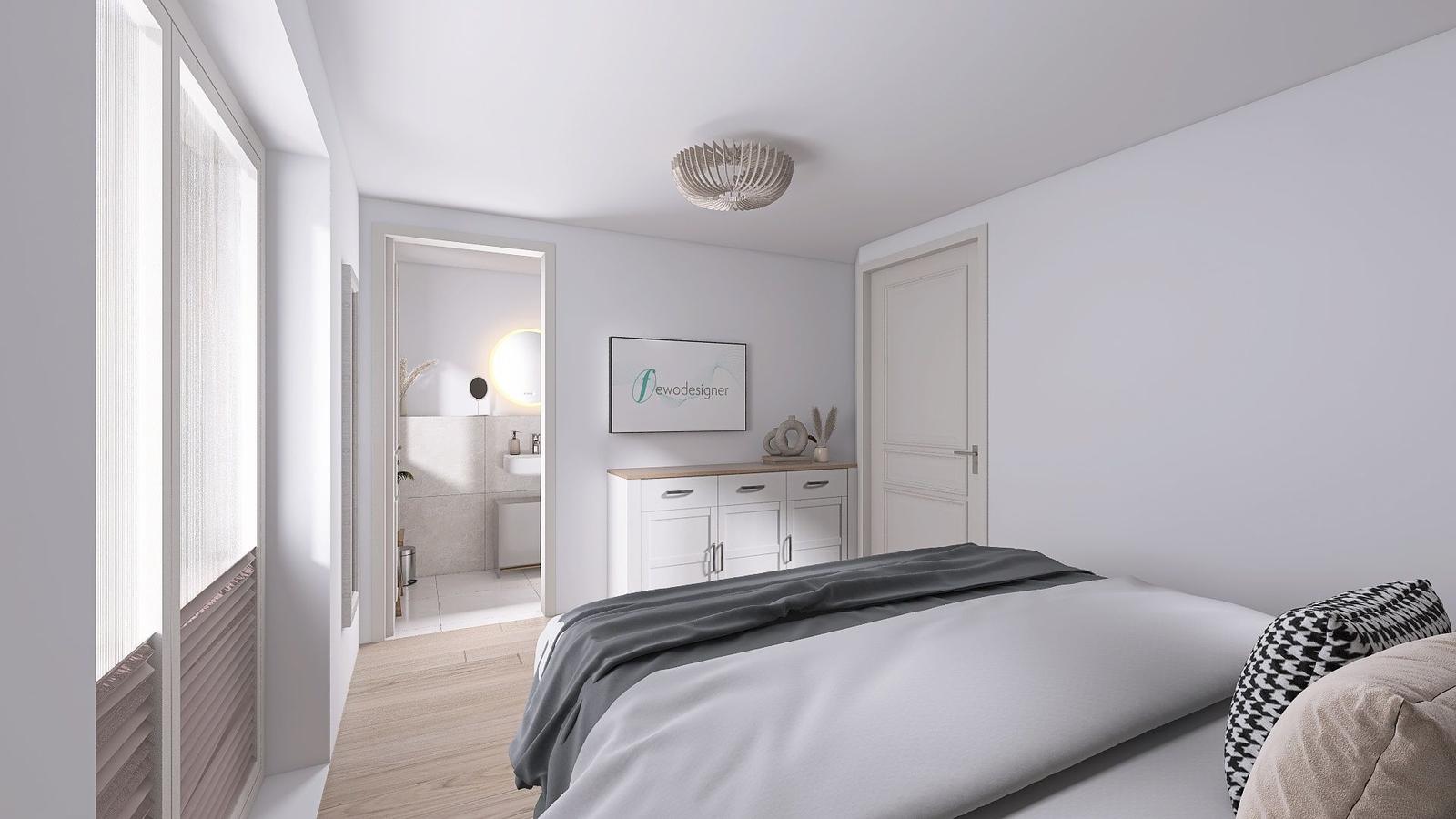 Schlafzimmer mit Bett, Schrank und Blick in Bad