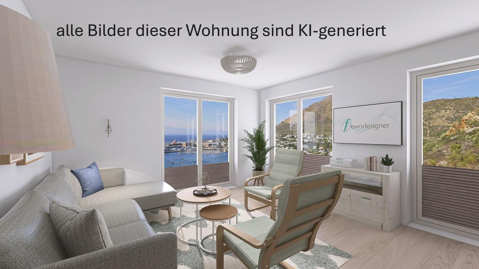 Wohnzimmer mit Sofa, Stühlen und Blick auf Meer und Berge.