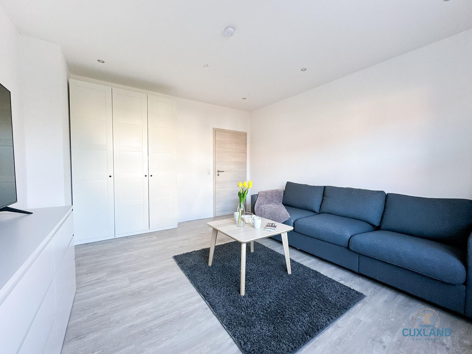 Wohnzimmer mit blauem Sofa, Tisch und Teppich. Hintergrund: weiße Wände und Kleiderschrank.