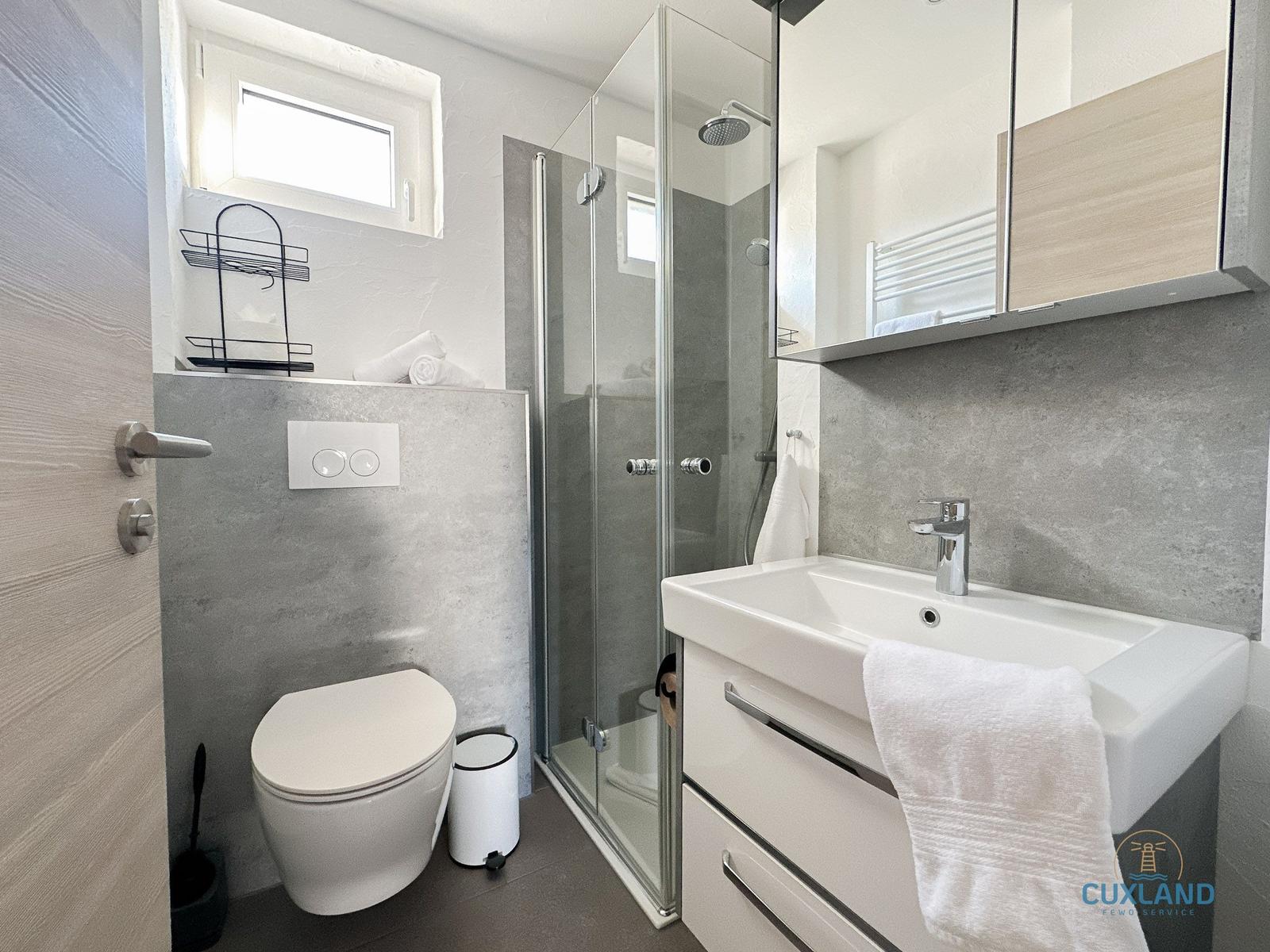 Badezimmer mit Dusche, Waschbecken und Toilette. Graue Wände und weißes Badmöbel.