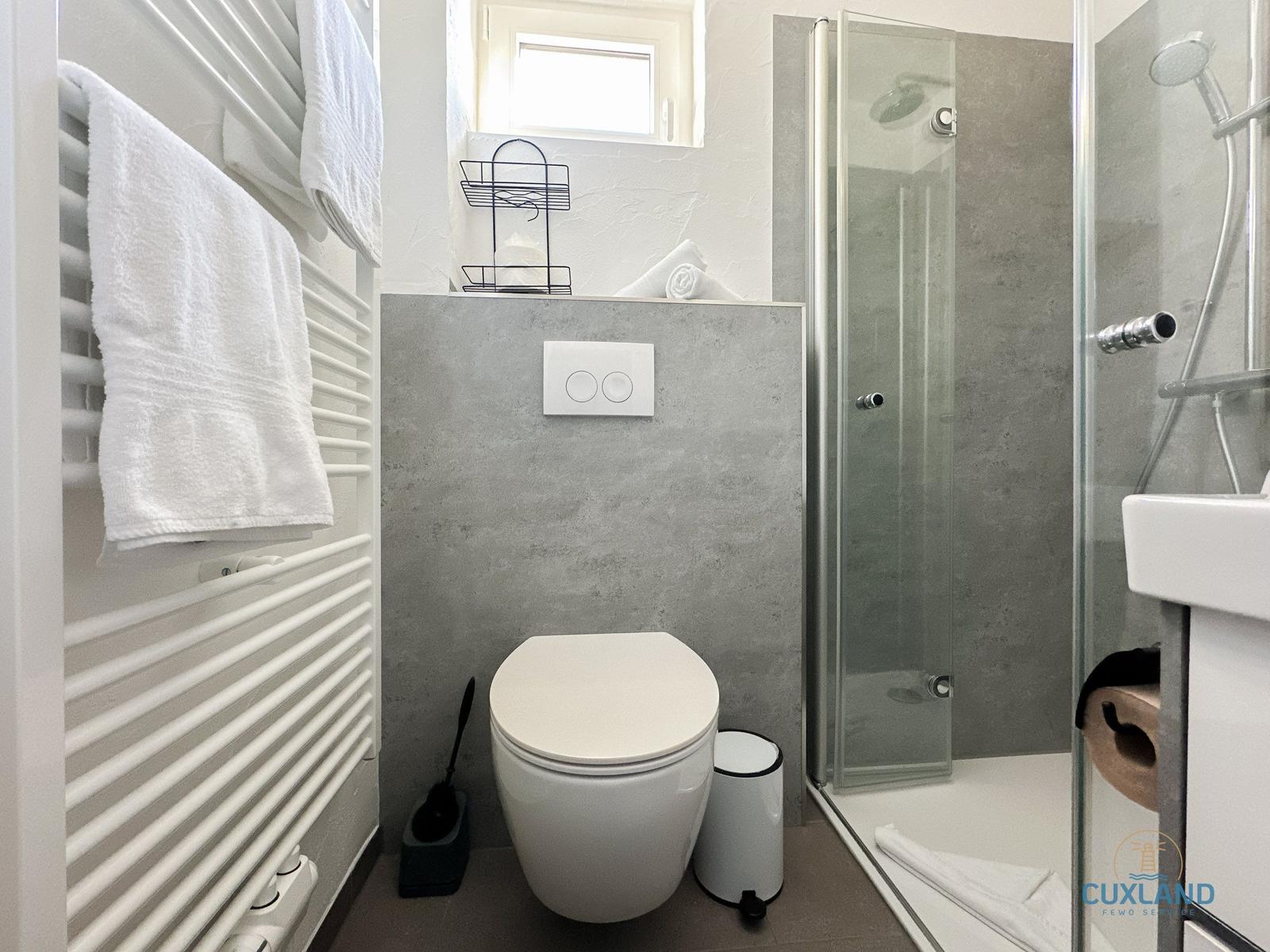 Badezimmer mit Dusche, Toilette und Handtuchheizung.