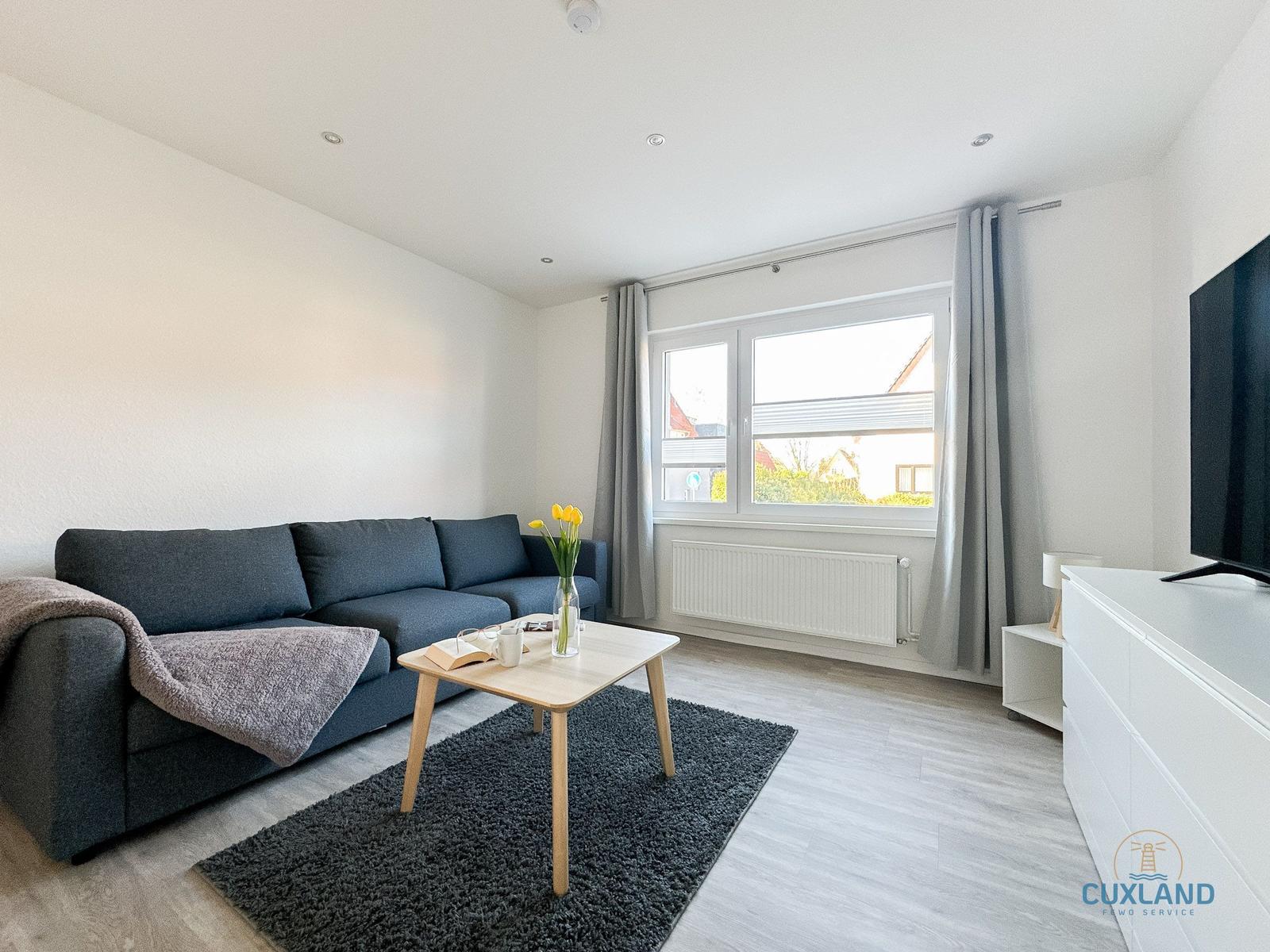 Wohnzimmer mit Sofa, Tisch und TV. Fenster mit Vorhängen. Teppich und Holzboden.