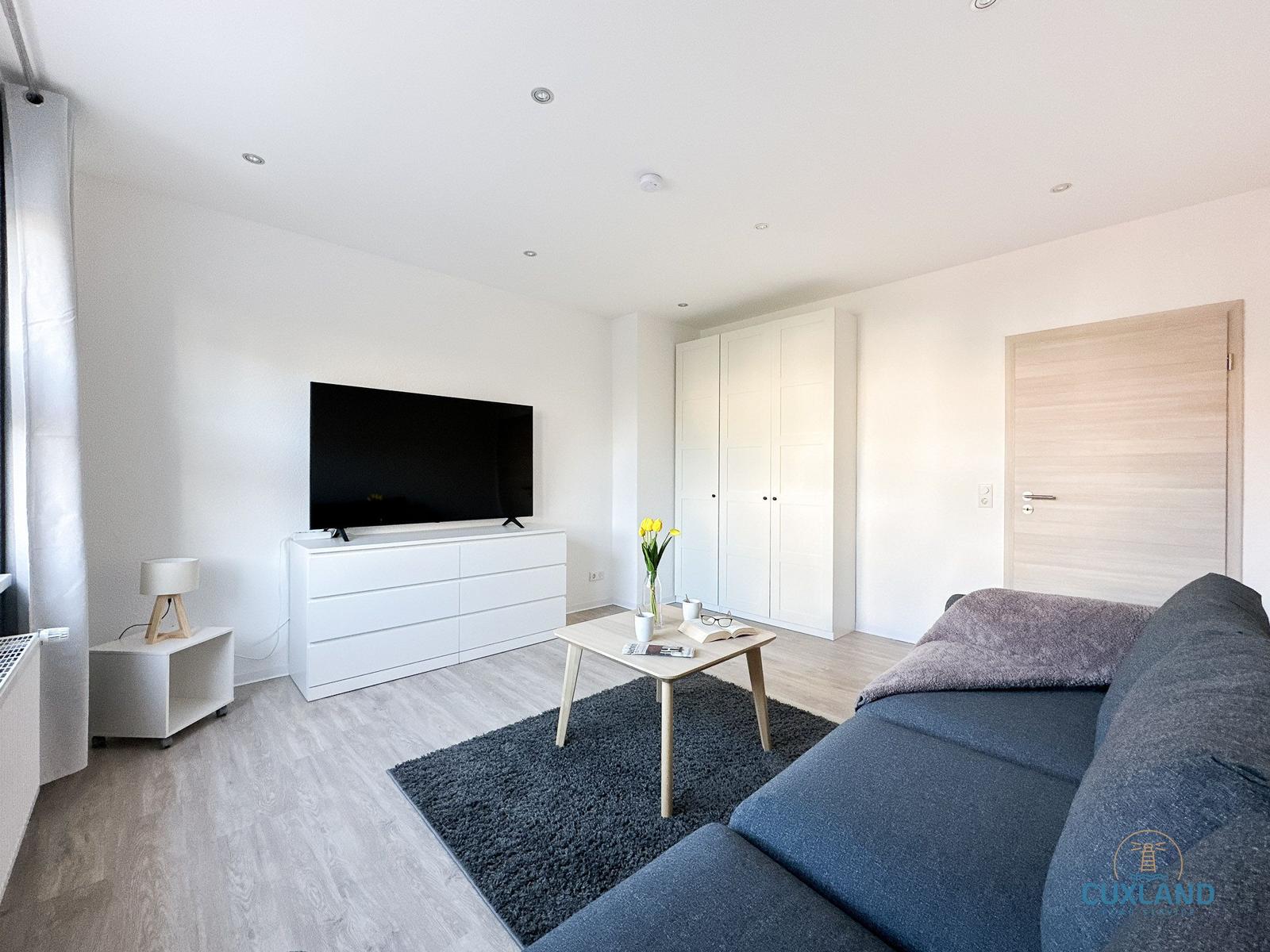 Wohnzimmer mit Sofa, TV und Kleiderschrank.