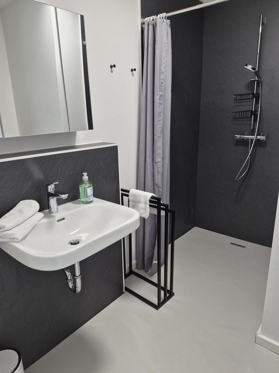 Badezimmer mit Dusche, Waschbecken und Spiegel.