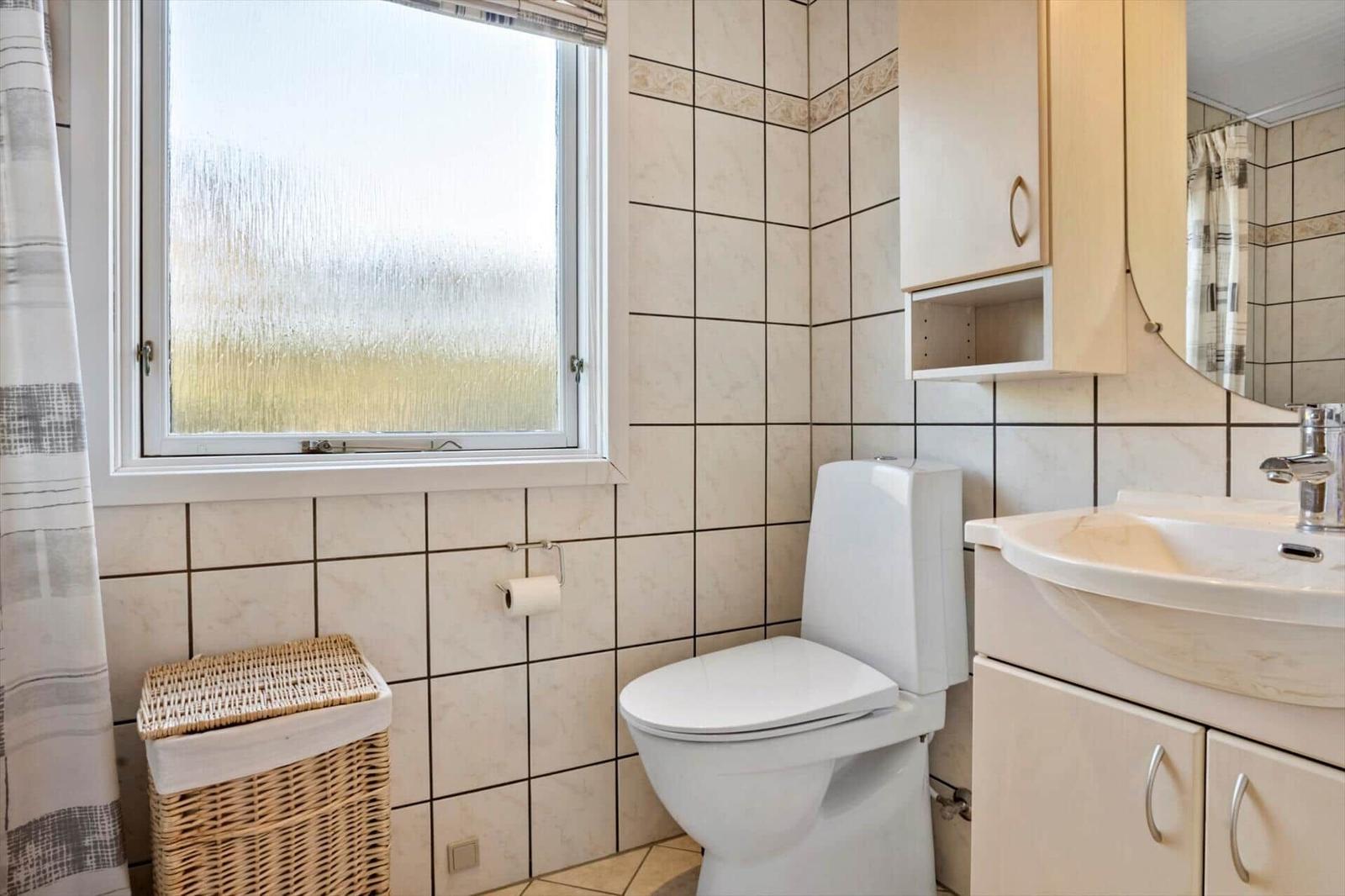 Badezimmer mit Toilette, Waschbecken und Fenster mit beschichtetem Glas.