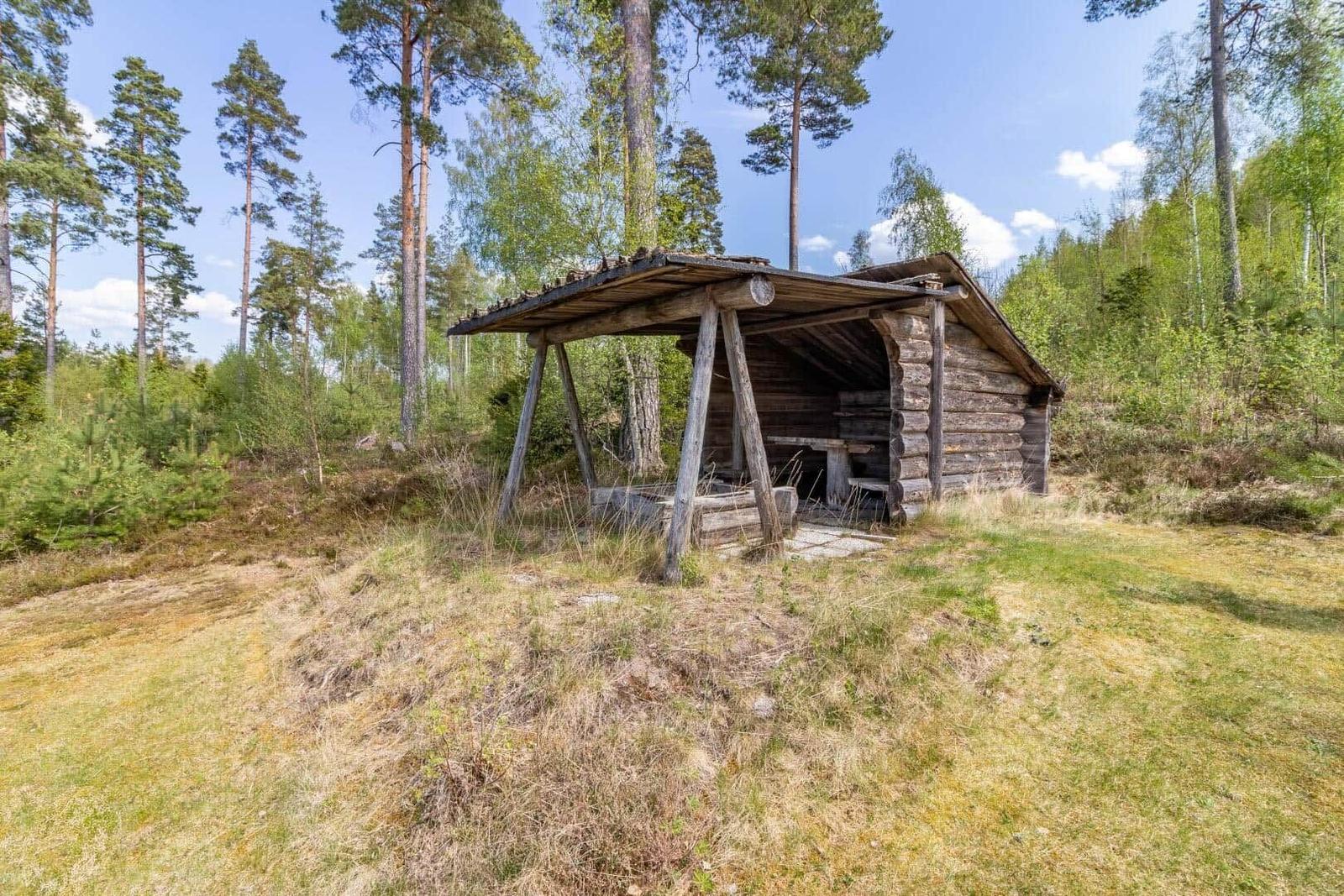 Holzhütte mit Dachvorsprung in Waldlandschaft