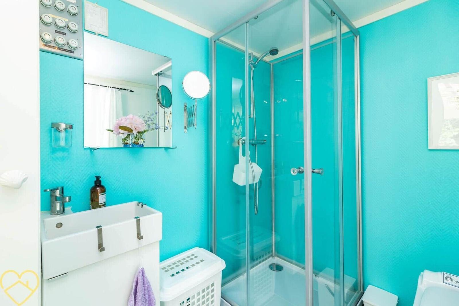 Badezimmer mit Dusche, Waschbecken und Spiegel an türkisfarbenen Wänden.