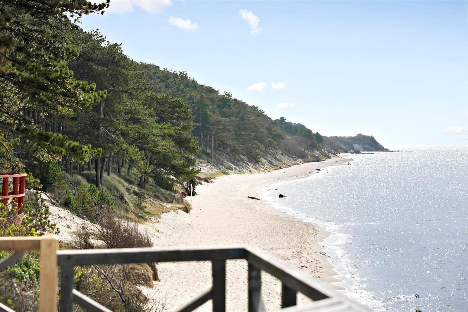 Beach with sand and trees by the sea under blue sky.