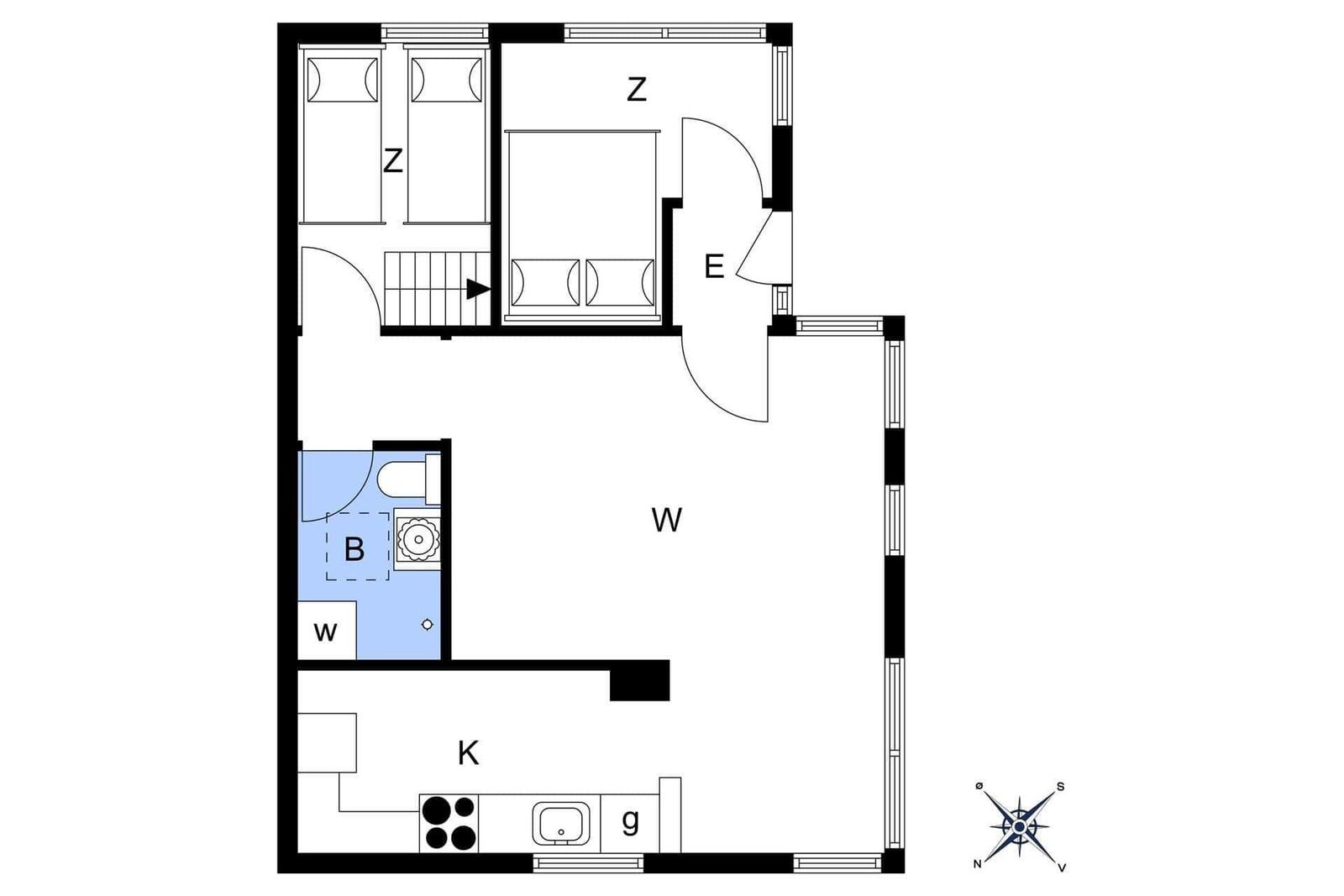Apartment with kitchen, bathroom, and three bedrooms. Hallway with staircase.