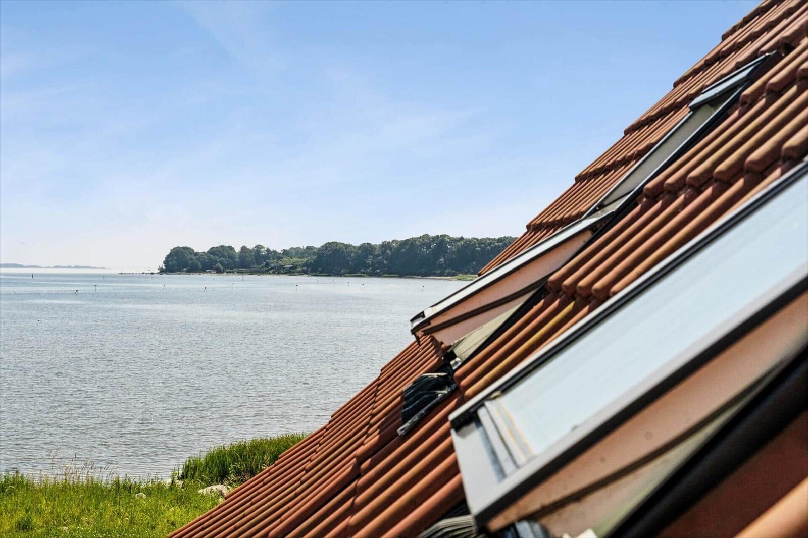Roof with skylights overlooking calm water and green island.