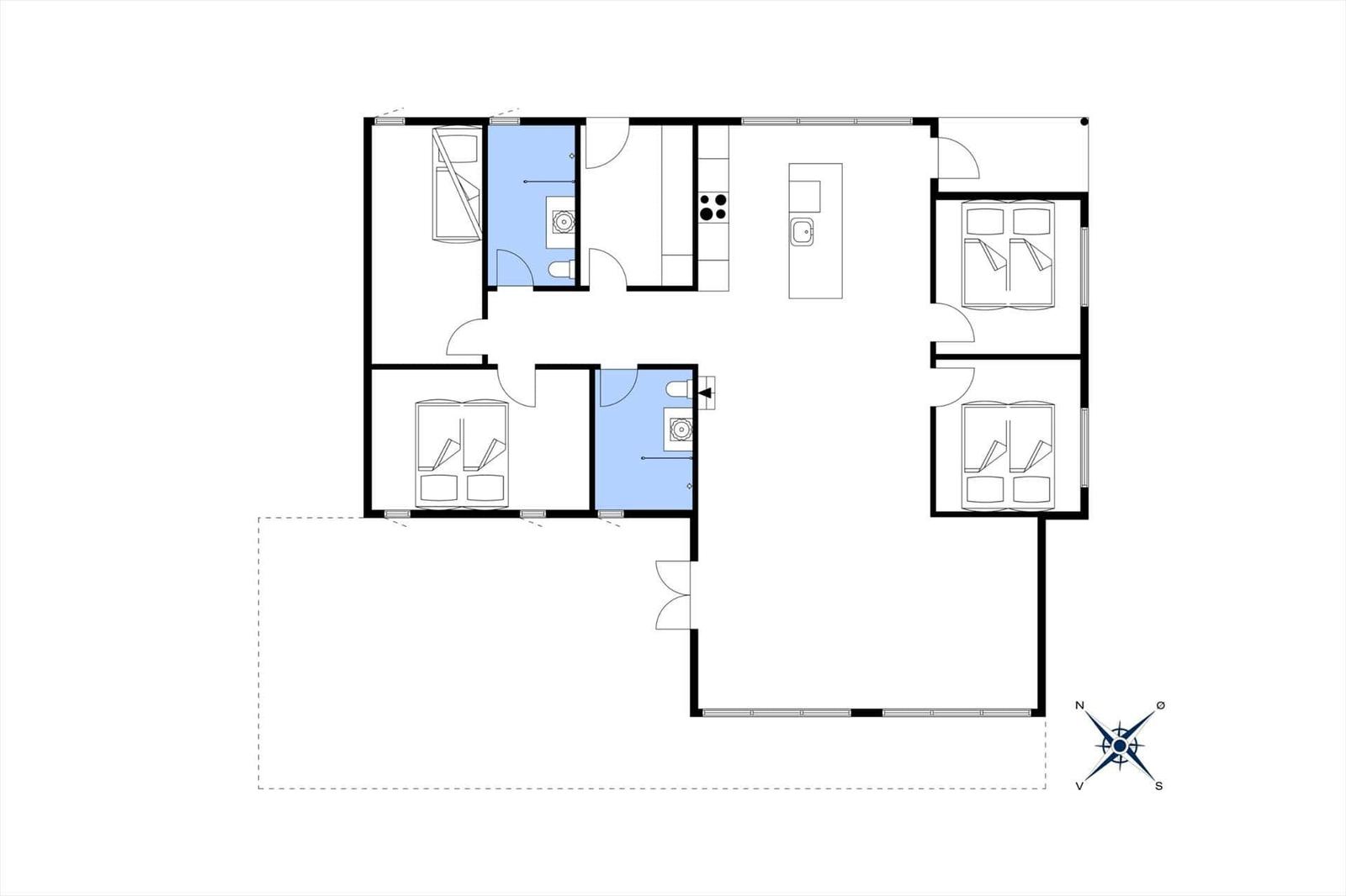 Functional floor plan with three bedrooms, kitchen, and bathroom.