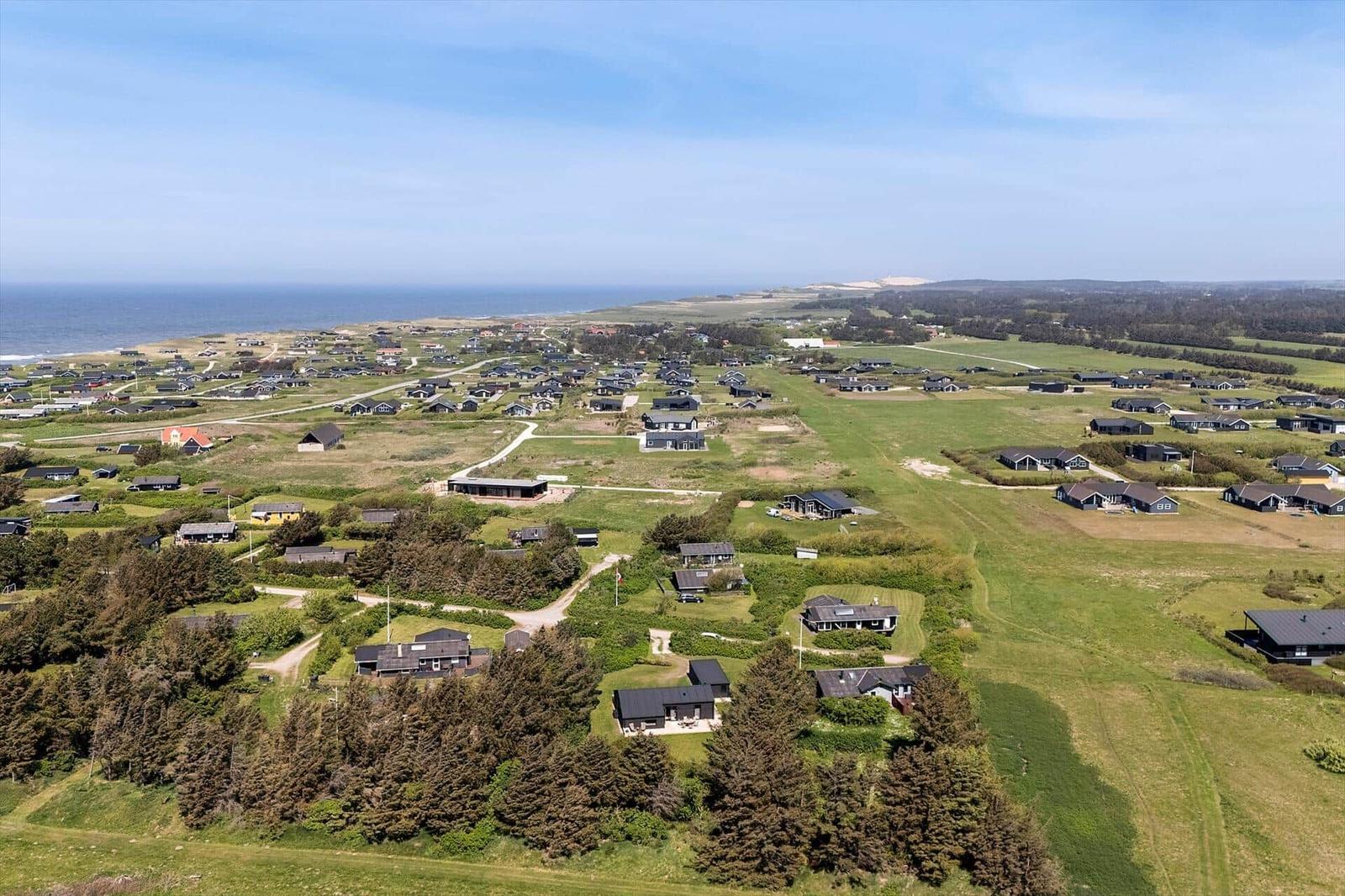 Aerial view of holiday homes near the sea with green fields and trees.