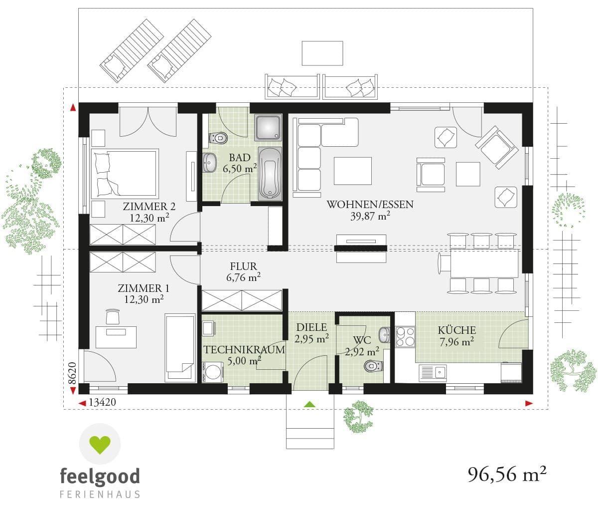 Dieses Ferienhaus hat zwei Schlafzimmer, eine Küche, ein Bad und einen Wohnbereich.