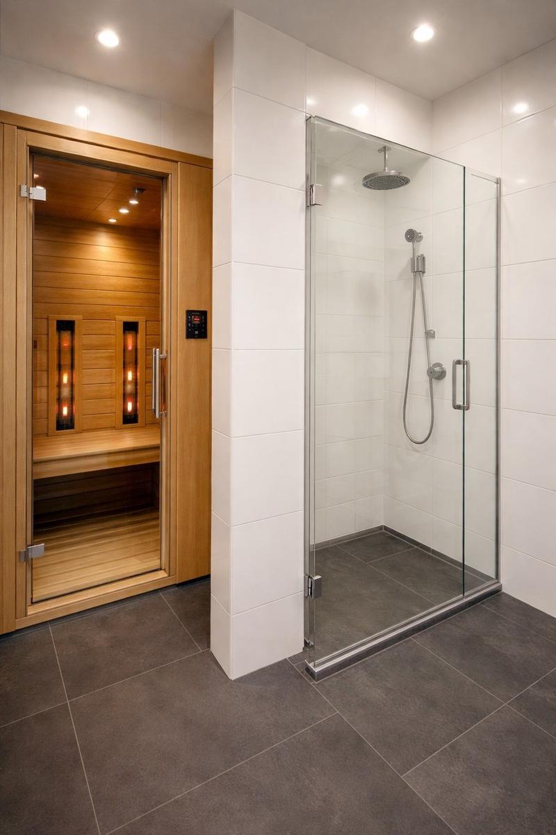 Dusche mit Glaswand und Sauna mit Holzwand