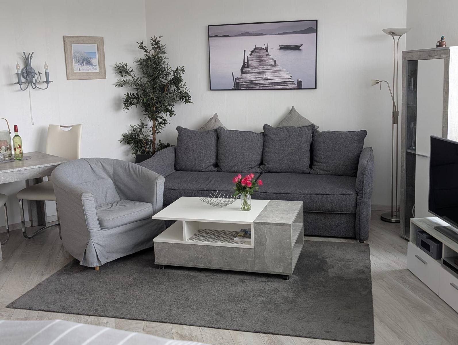 Wohnzimmer mit grauem Sofa, Couchtisch und Pflanze.