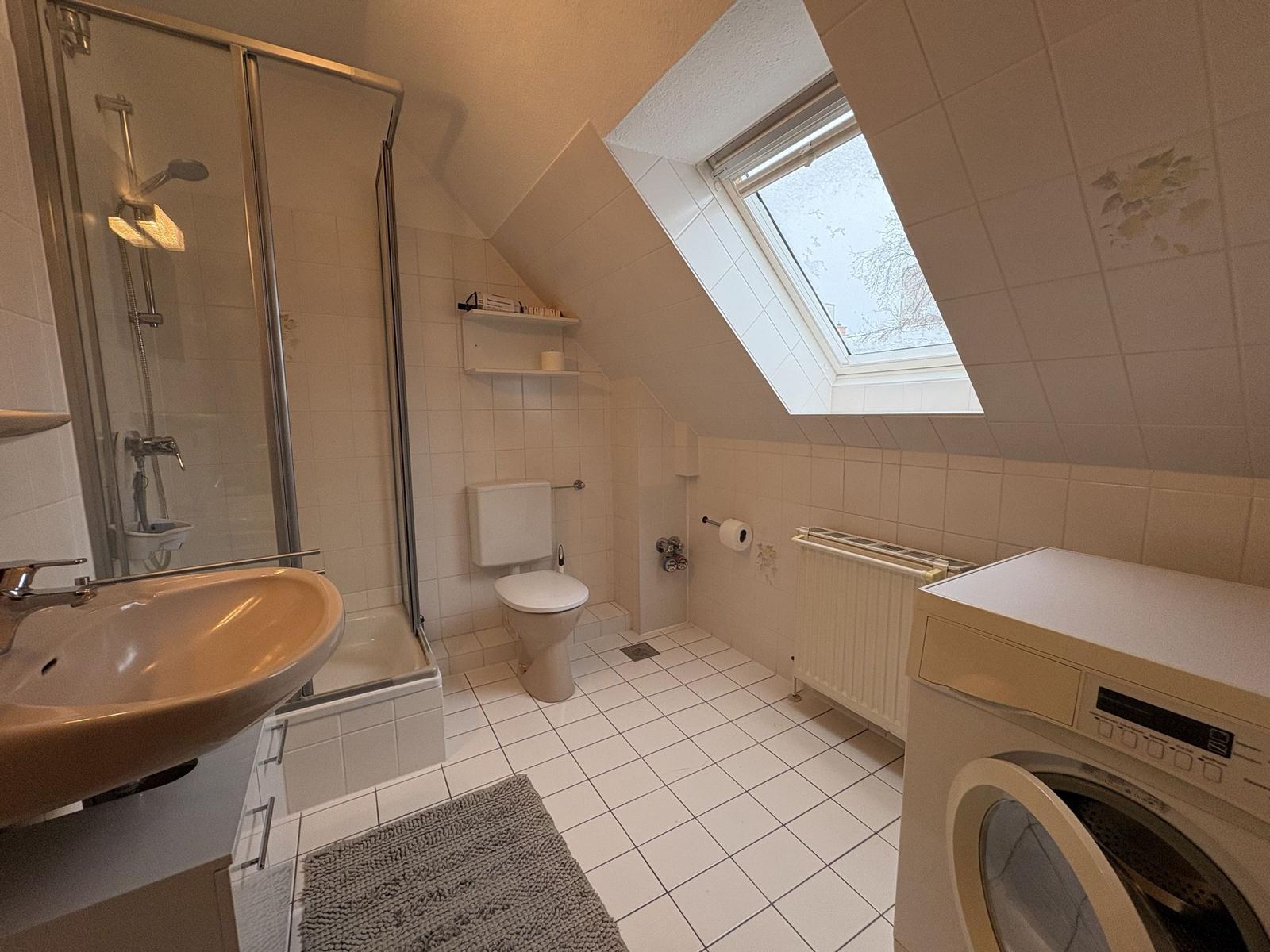 Badezimmer mit Dusche, Toilette, Waschmaschine und Dachfenster.