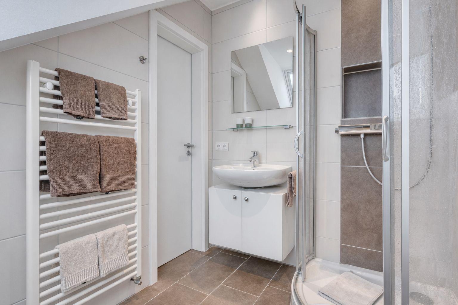 Badezimmer mit Dusche, Waschbecken und Heizkörper für Handtücher.