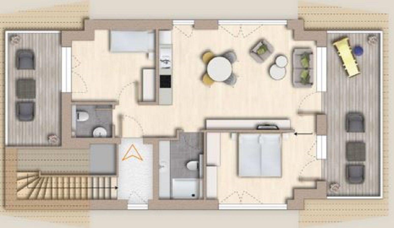 Dieses Apartment hat eine Küche, ein Bad, ein Schlafzimmer und eine Terrasse.