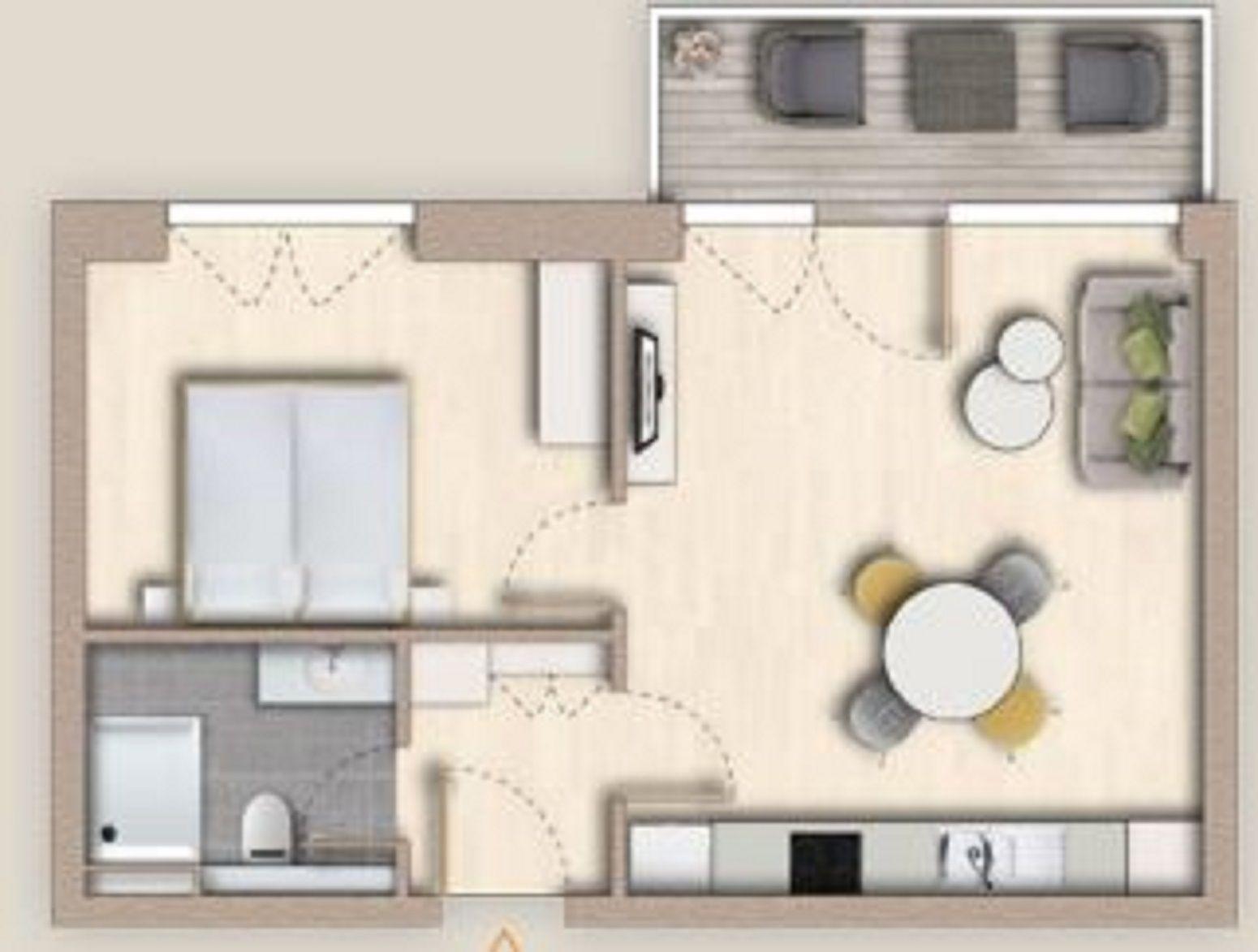 Dieses Apartment hat ein Schlafzimmer, eine Küche, ein Bad und eine Terrasse.