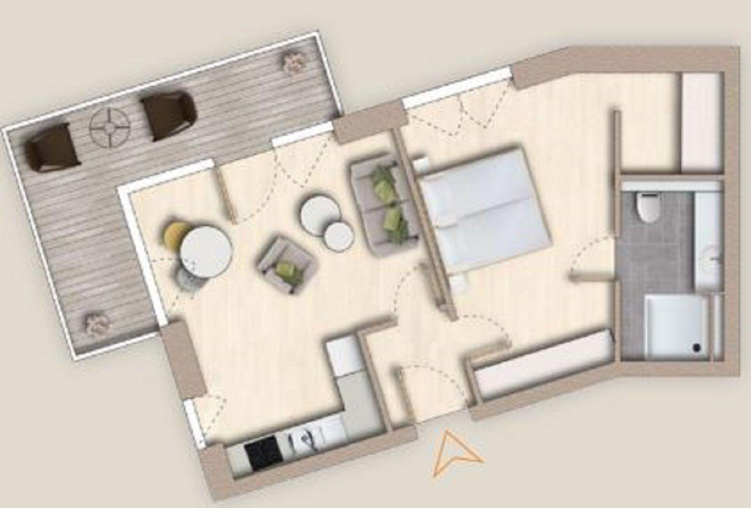 Wohnung mit Schlafzimmer, Küche und Bad. Terrasse mit Sitzgelegenheit.