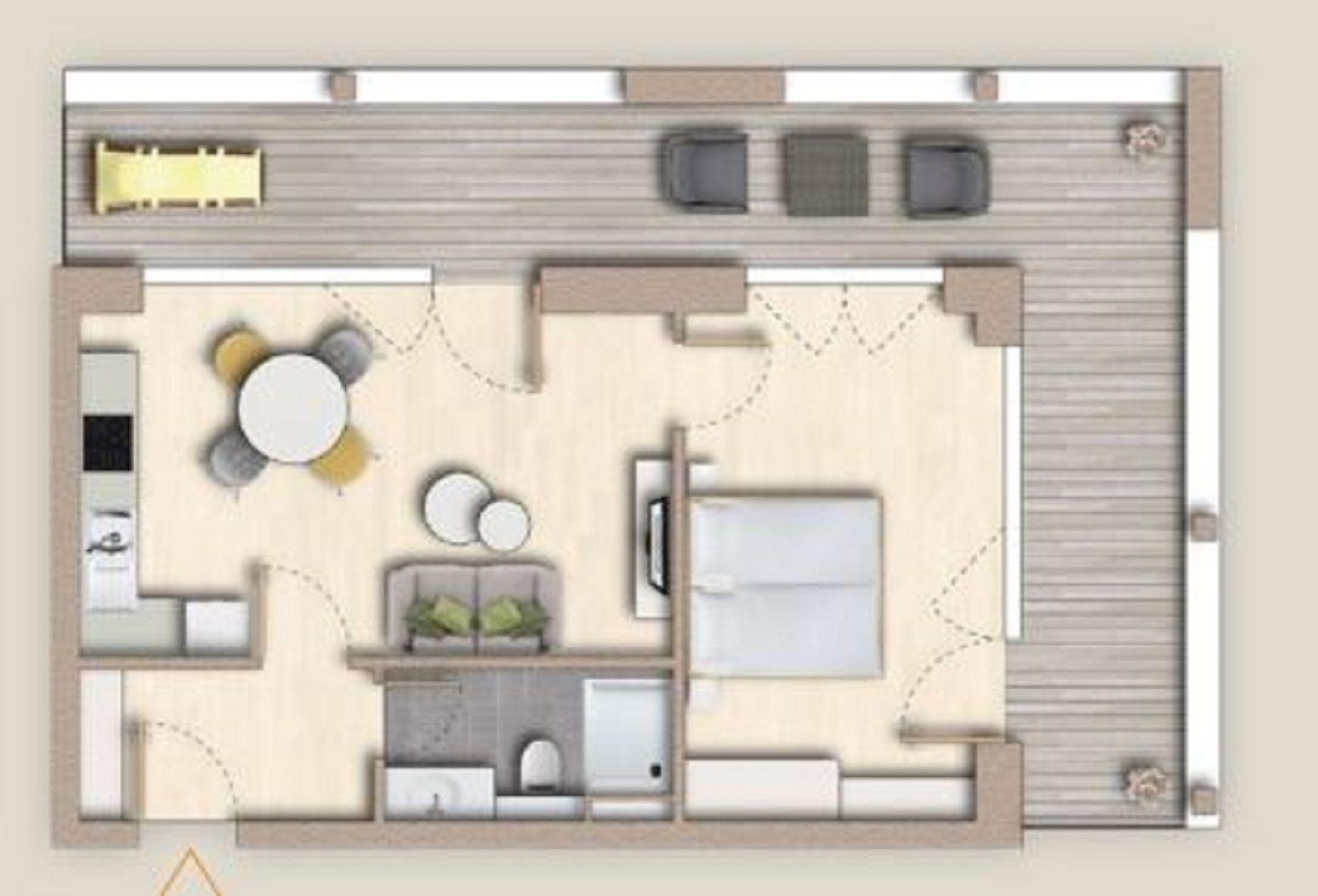 Dieses Apartment hat eine Küche, ein Wohnzimmer, ein Schlafzimmer und eine Terrasse.