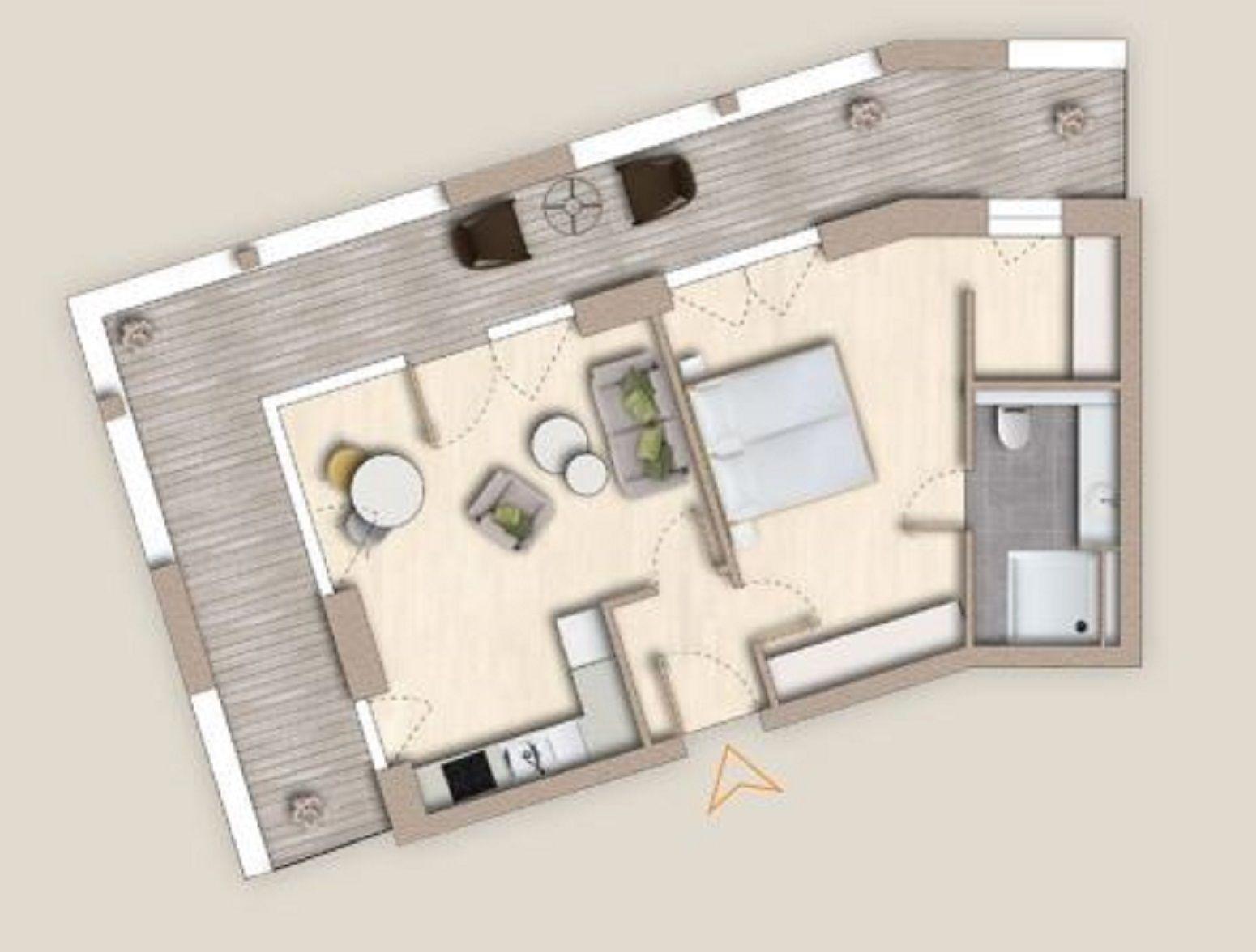 Dieses Apartment hat eine Küche, ein Schlafzimmer und ein Bad.