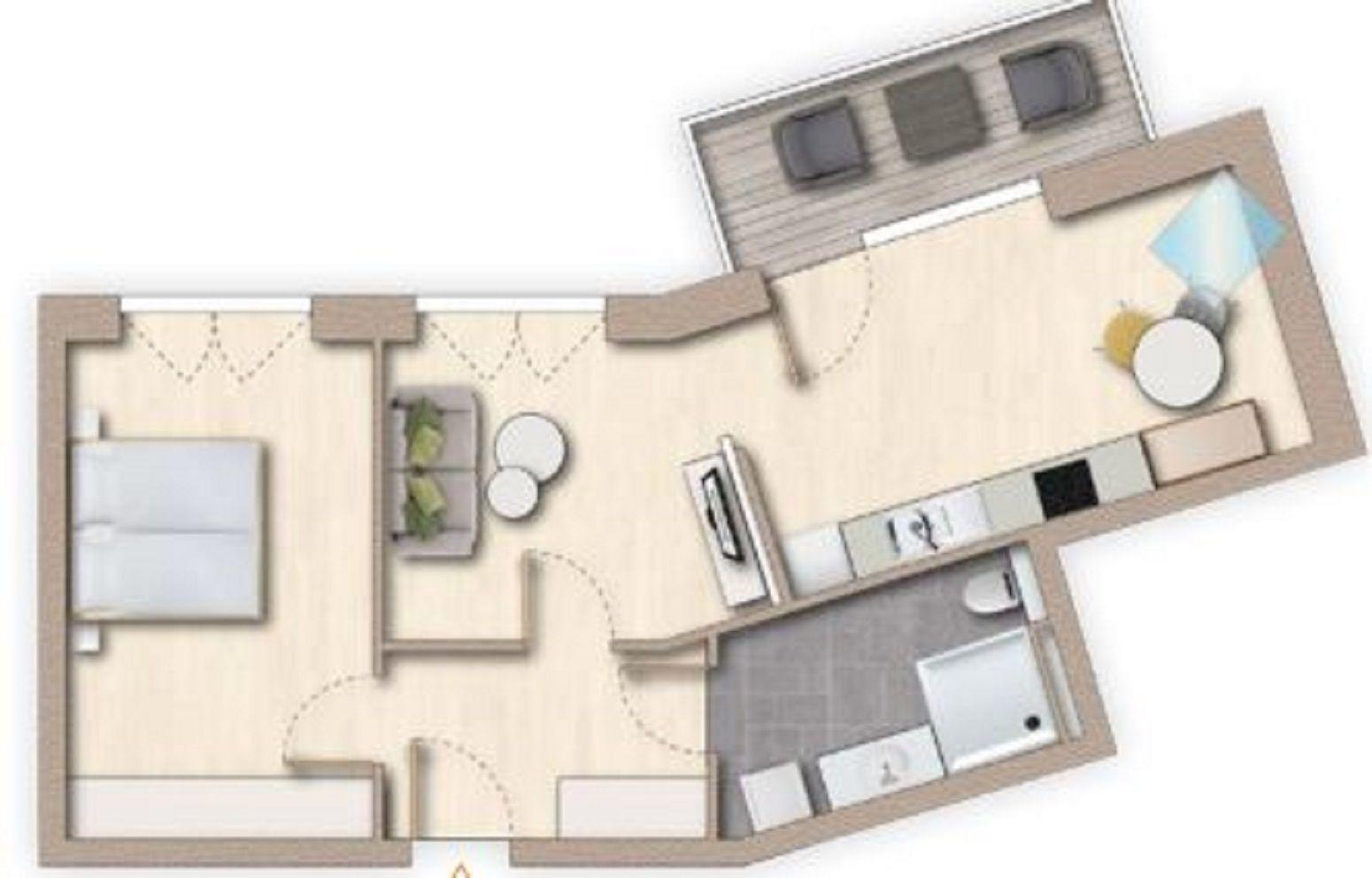 Das Apartment hat eine Schlafzimmer, Wohnbereich, Küche und Bad.