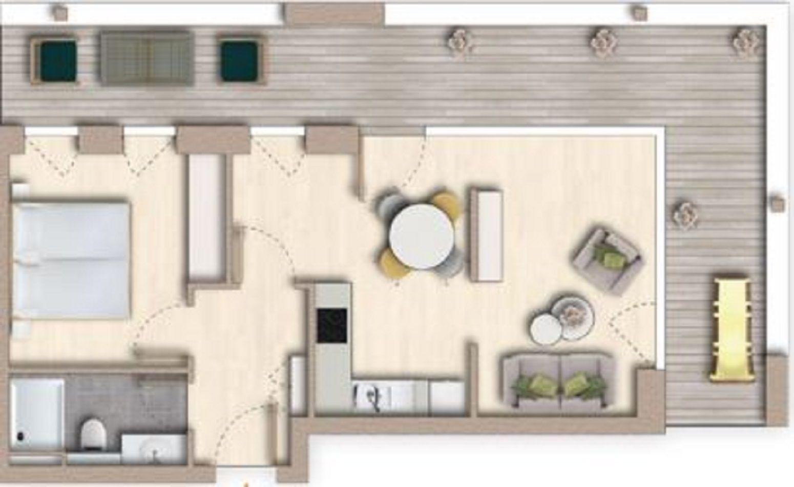 Dieses Apartment hat ein Schlafzimmer, eine Küche, ein Wohnzimmer und ein Bad.