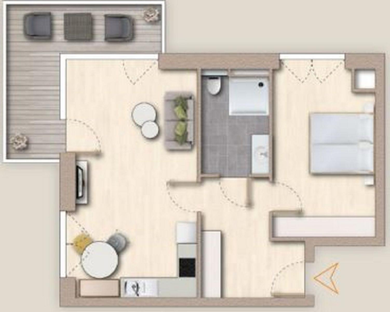 Wohnung mit Küche, Schlafzimmer und Bad. Außenbereich mit Sitzgelegenheit.