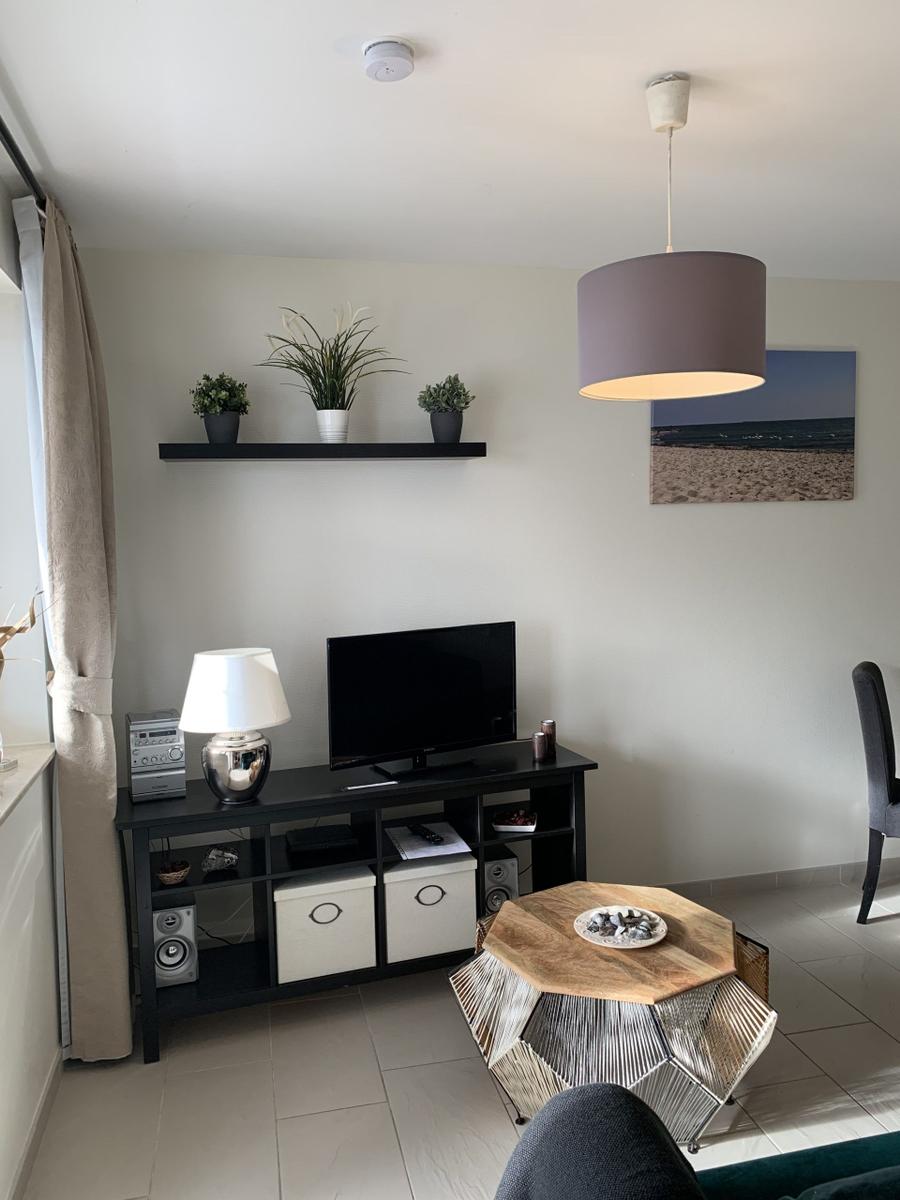 Wohnzimmer mit TV, Couchtisch und Wandregal mit Pflanzen.