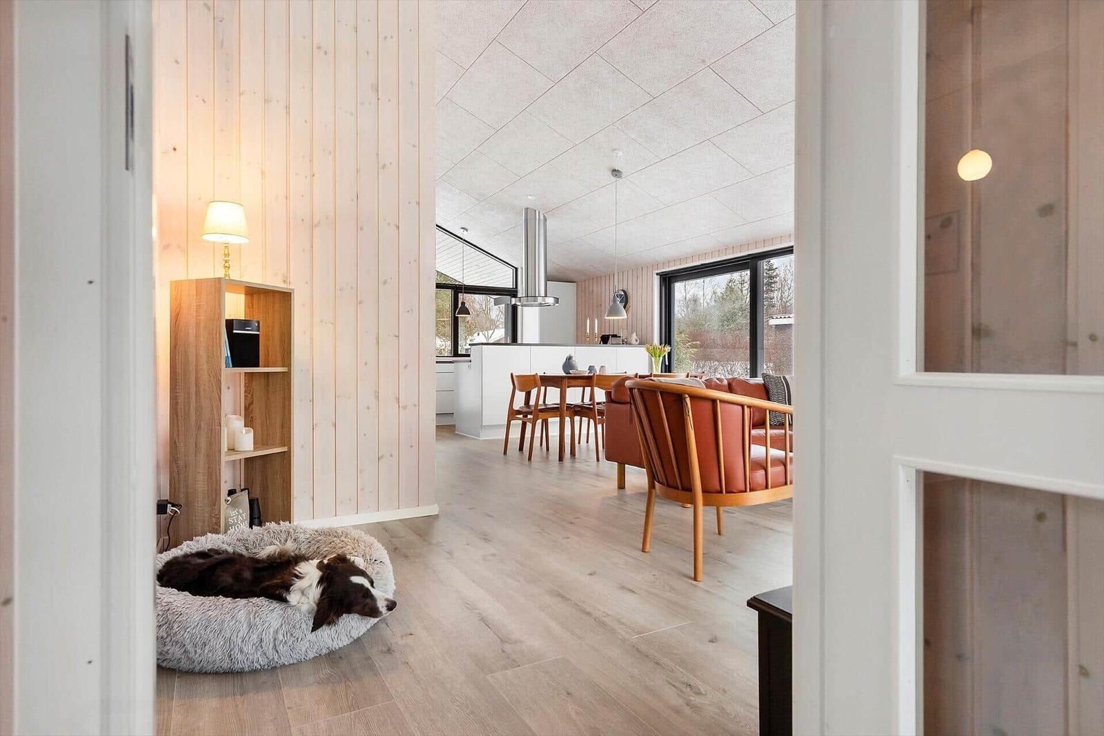 Hund ruht im Eingangsbereich. Wohn- und Essbereich mit Holzboden und moderner Einrichtung.