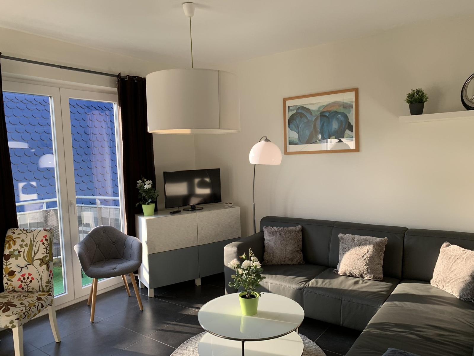 Wohnzimmer mit Sofa, Couchtisch und TV. Balkon mit Blick auf Dach.