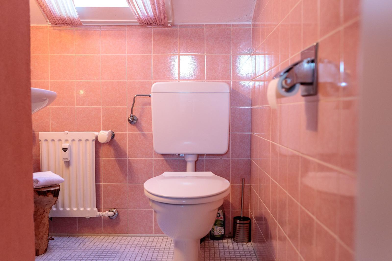 Bad mit Toilette, rosa Fliesen und Heizkörper