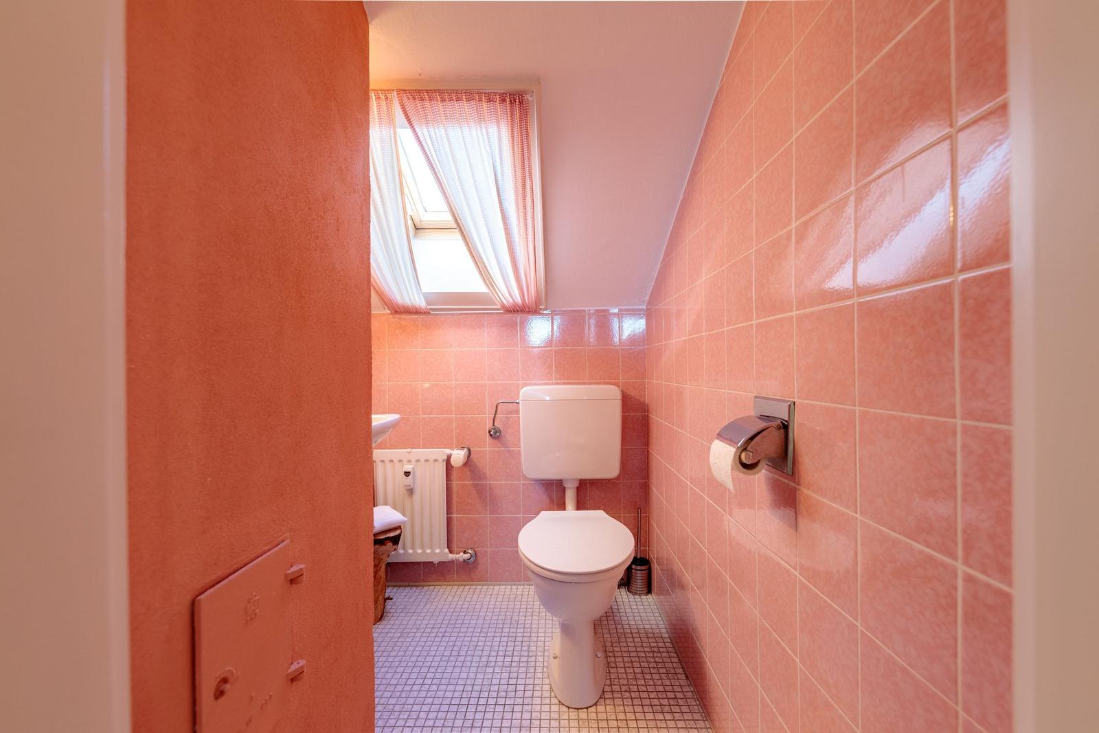 Badezimmer mit Toilette, Waschbecken und Dachfenster mit Vorhängen.