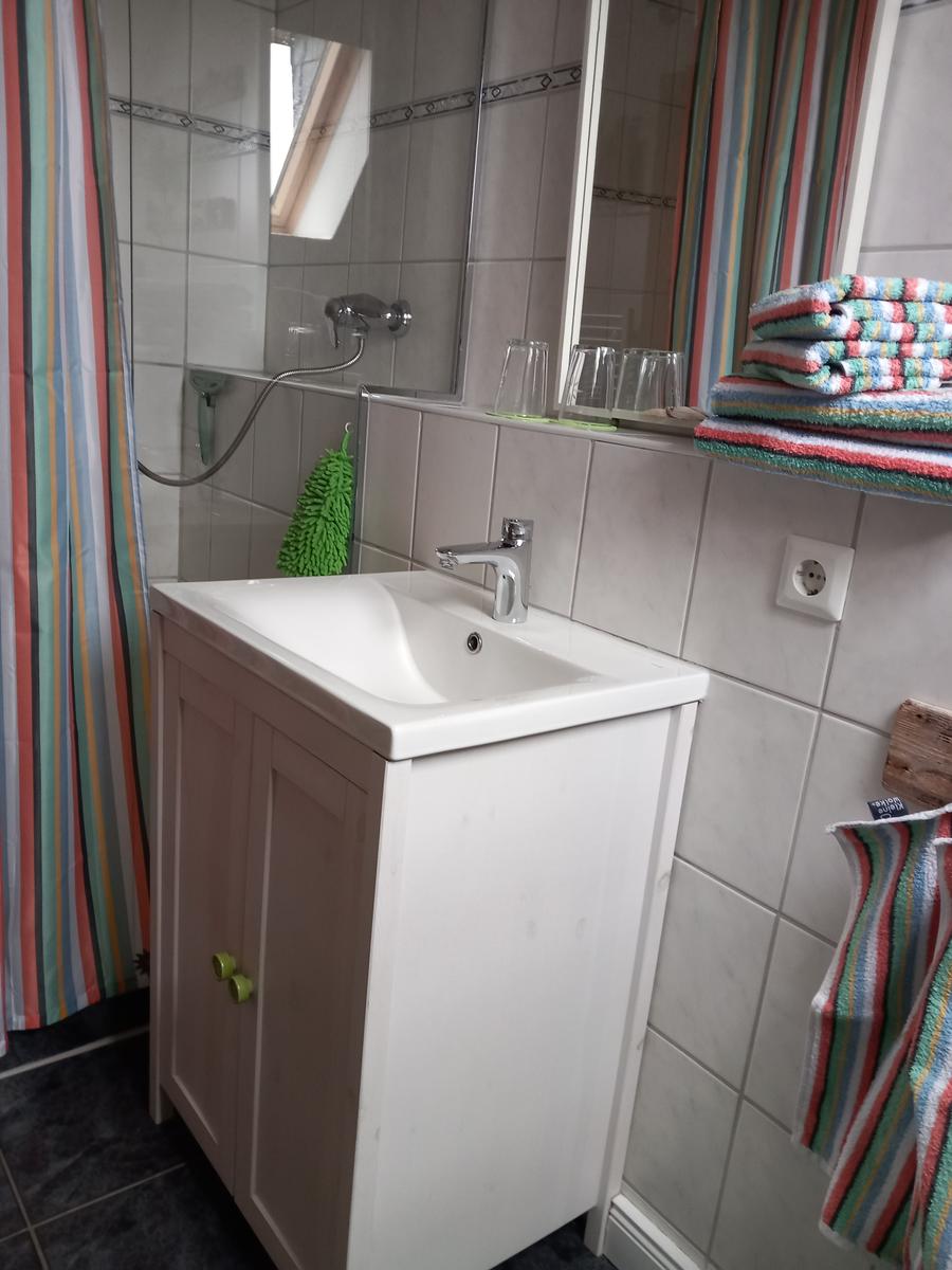 Badezimmer mit Waschbecken, Spiegel und Dusche. Handtuch und Fliesen sind sichtbar.