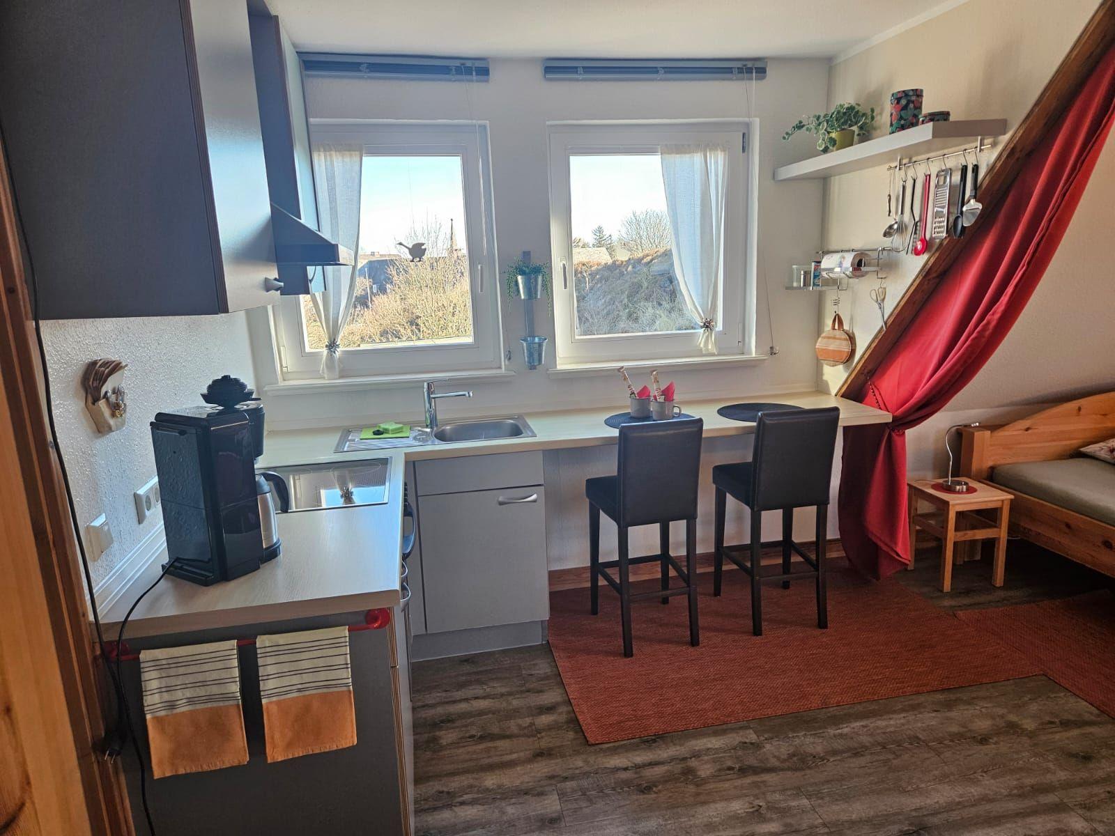 Küche mit Arbeitsplatte, zwei Fenstern und Barhocker. Holzboden und roter Teppich.