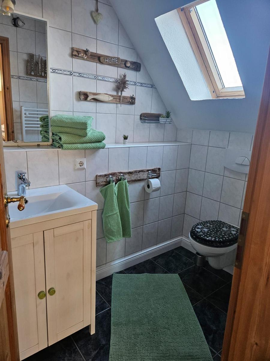 Badezimmer mit Dachfenster, Waschbecken, Toilette und grünen Handtüchern.