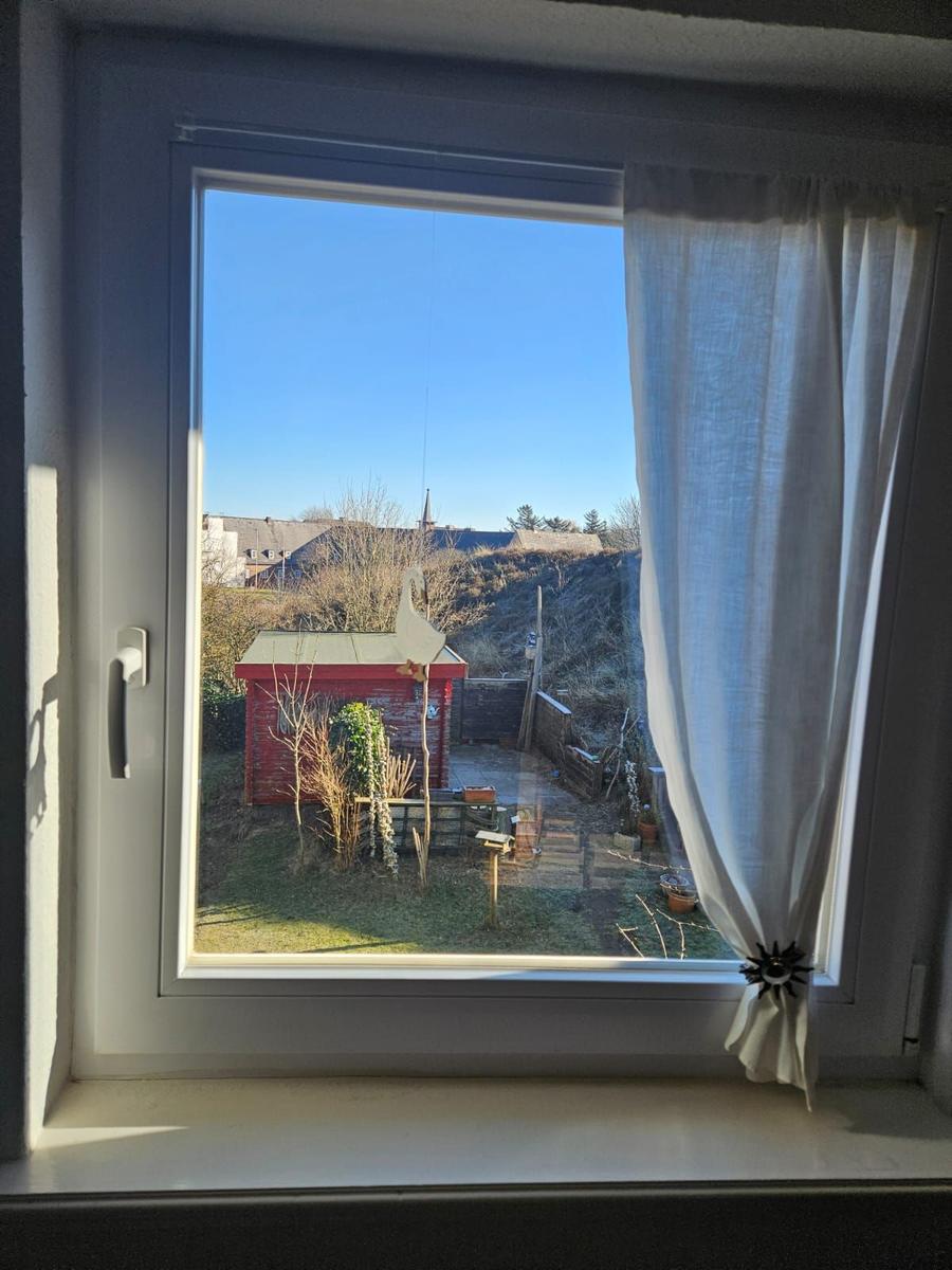 Durch das Fenster blickt man auf einen Garten mit rotem Holzschuppen und einem Zaun.