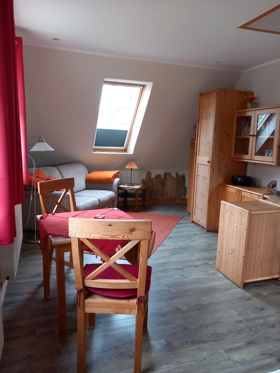 Wohn- und Essbereich mit Holzmöbeln, Sofa, Tisch und Stühlen. Dachfenster und Holzwand.