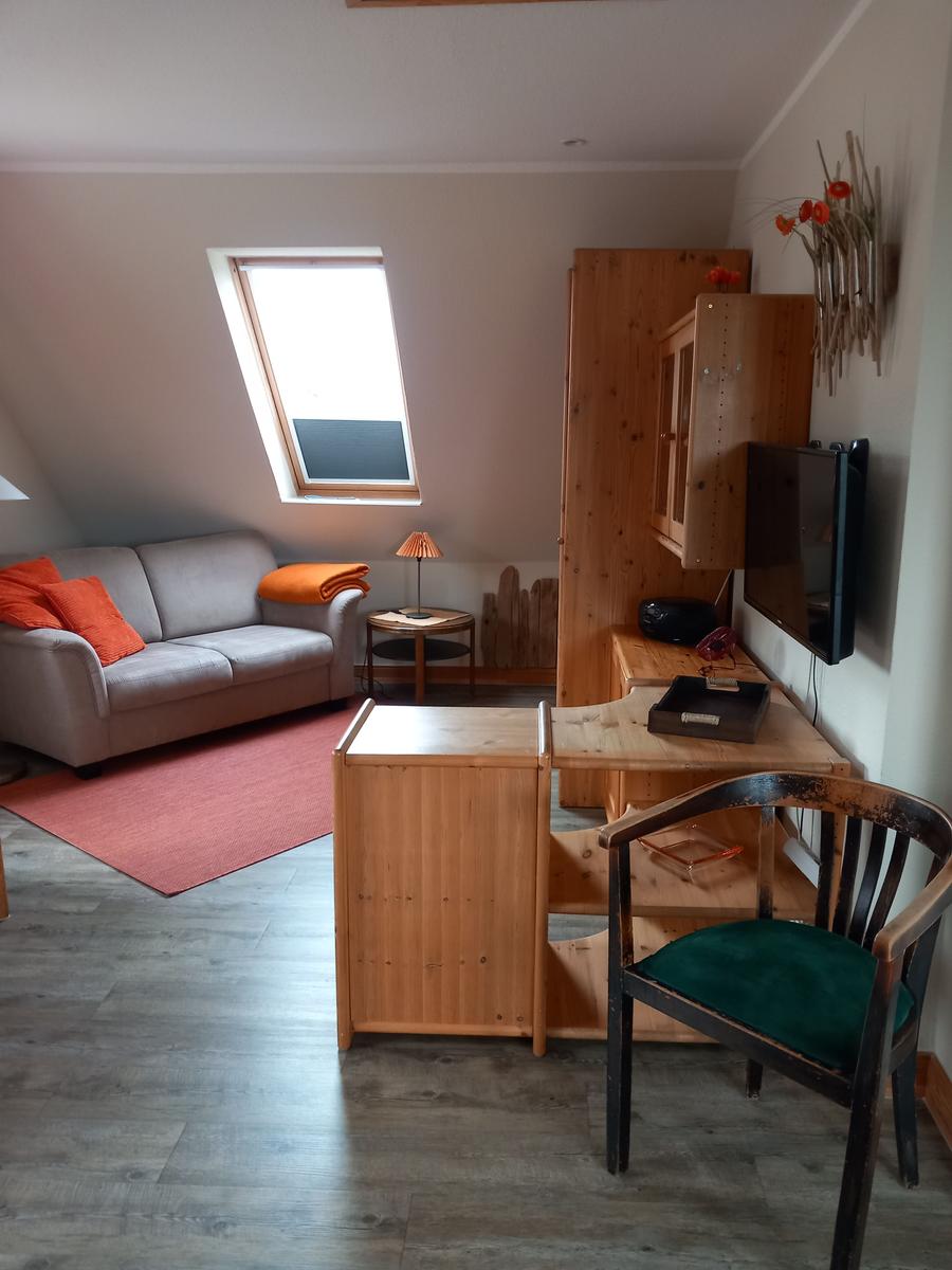 Wohnraum mit Sofa, Schreibtisch und TV. Dachfenster und Holzmöbel.