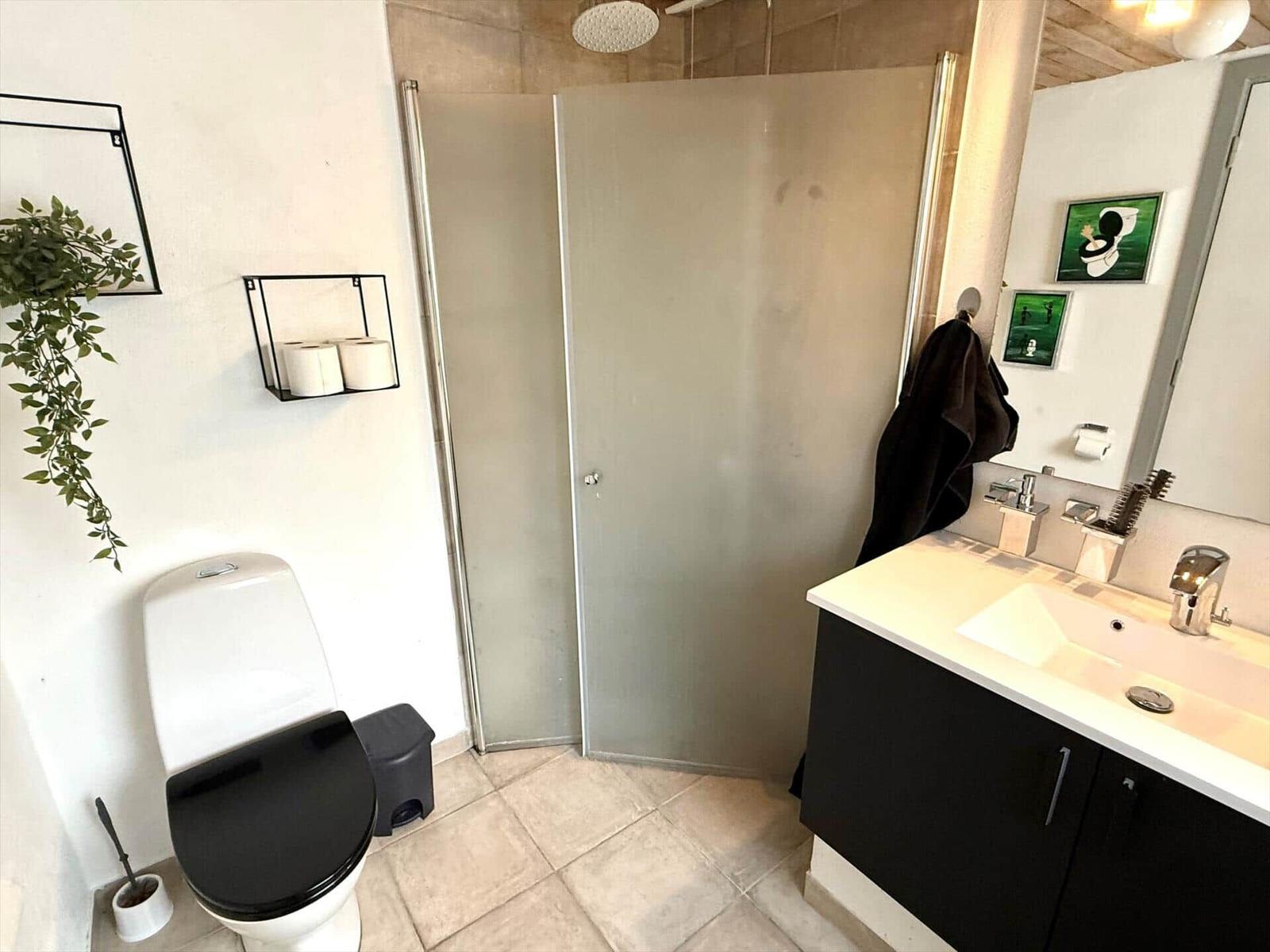 Badezimmer mit Dusche, Waschbecken und Toilette. Moderne Einrichtung mit Pflanze.
