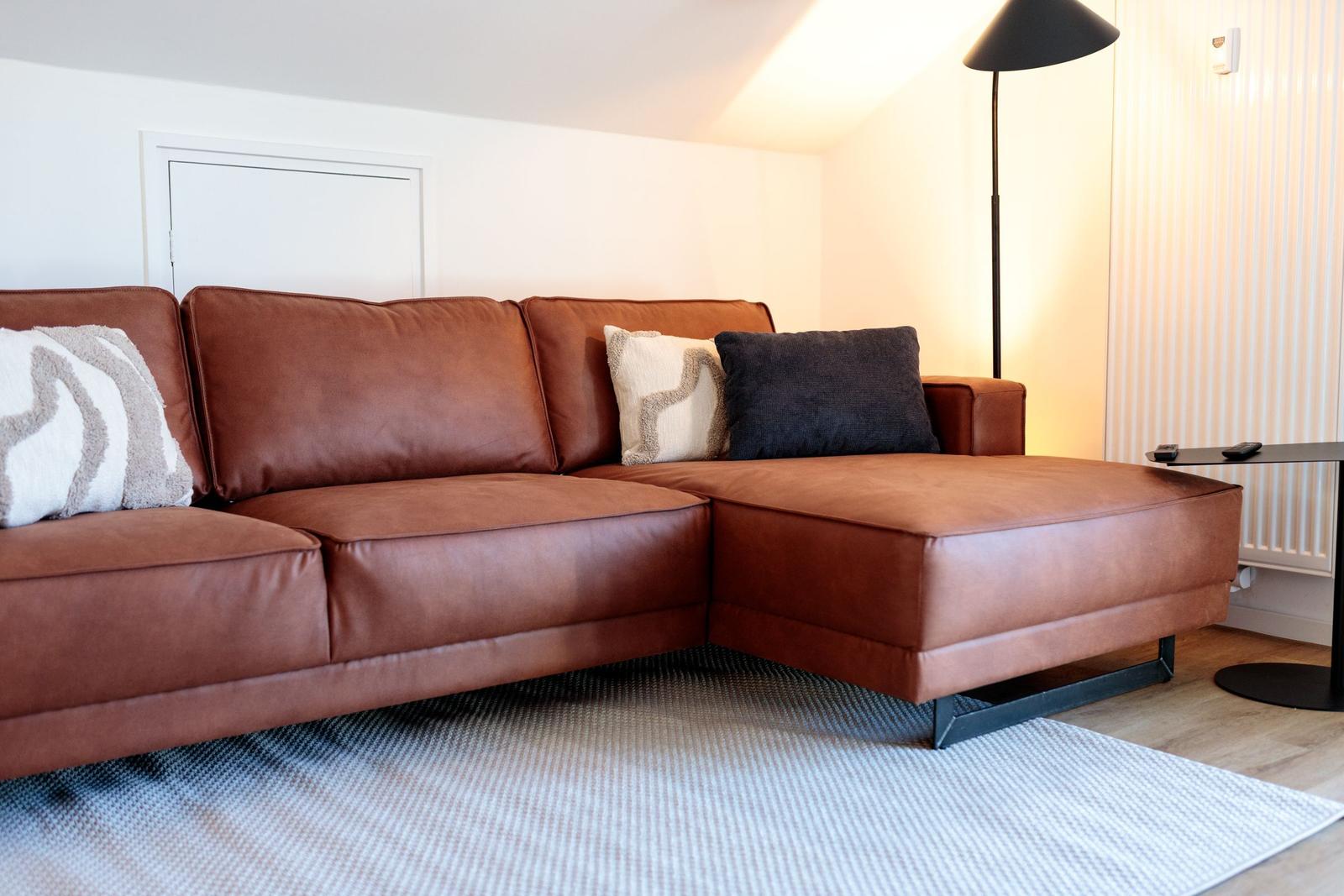 Ein braunes Ledersofa mit Kissen auf einem Teppich.