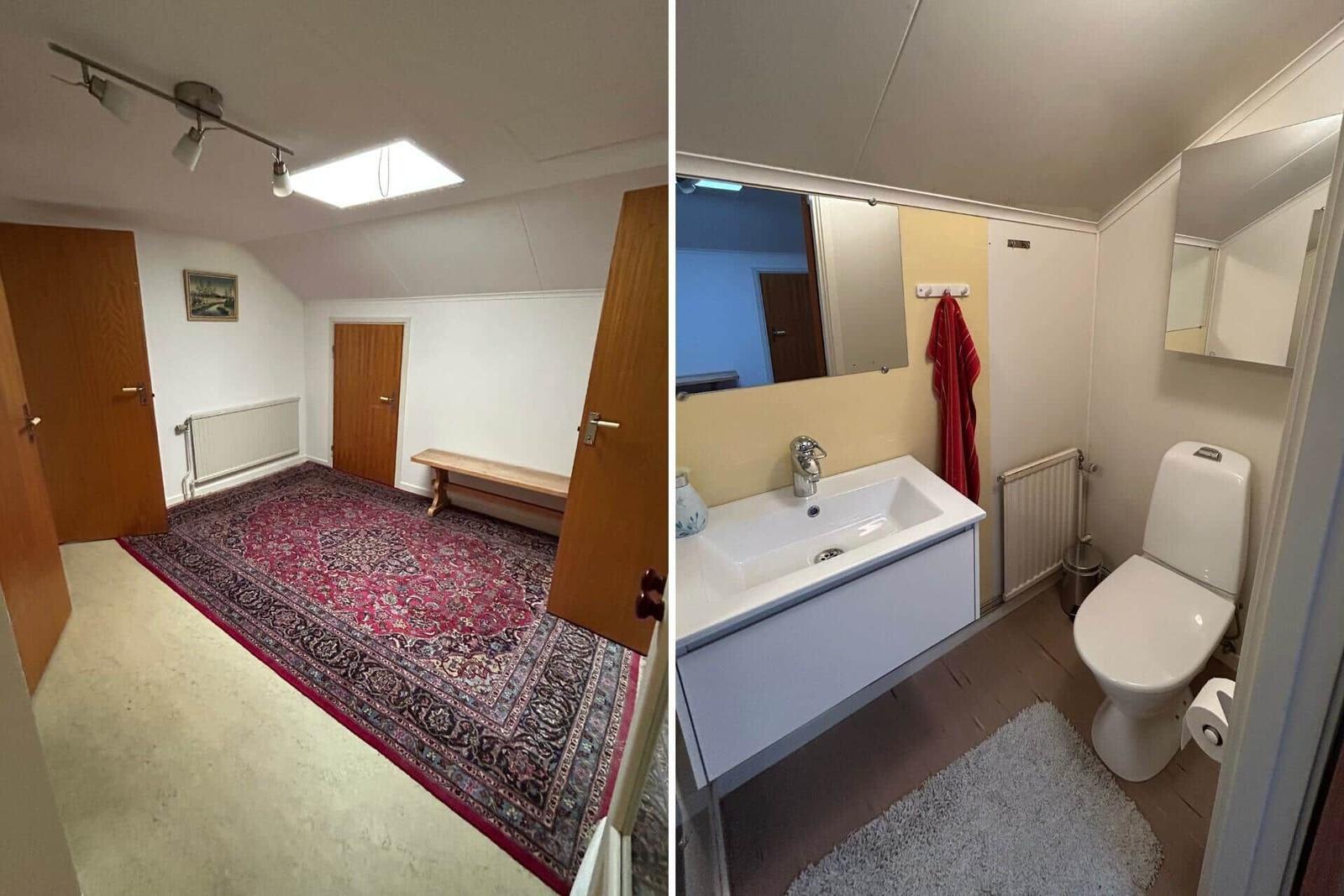 Schlafzimmer mit Teppich und Bank. Badezimmer mit Waschbecken und Toilette.