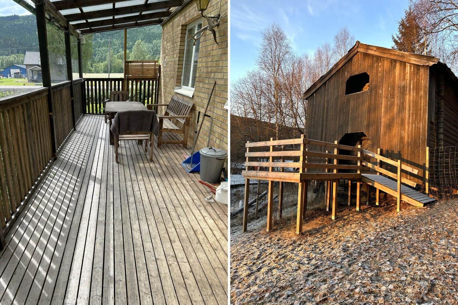 Terrasse mit Tisch und Stühlen neben Haus. Holzschuppen mit Rampe.
